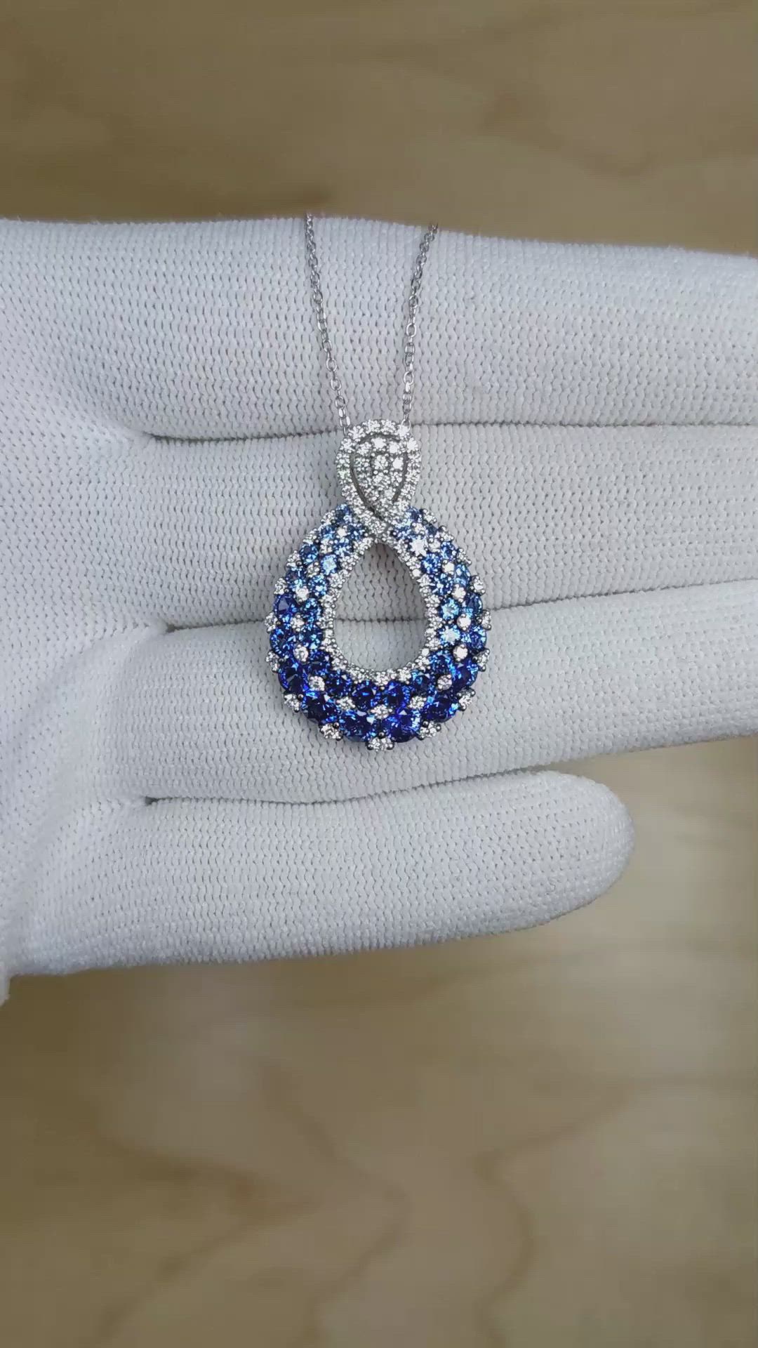 2.27 Ct. Blue Sapphire and Natural Diamond Pave Pendant, 18K White Gold Size Video