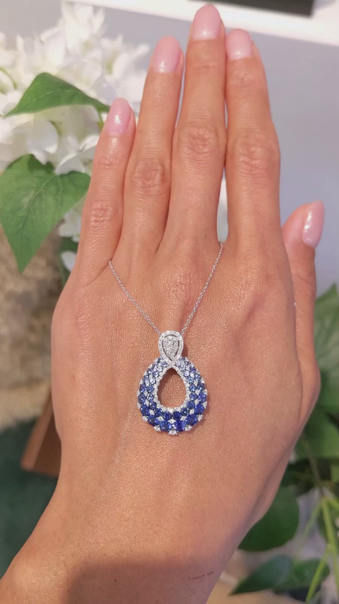 2.27 Ct. Blue Sapphire and Natural Diamond Pave Pendant, 18K White Gold Size Video