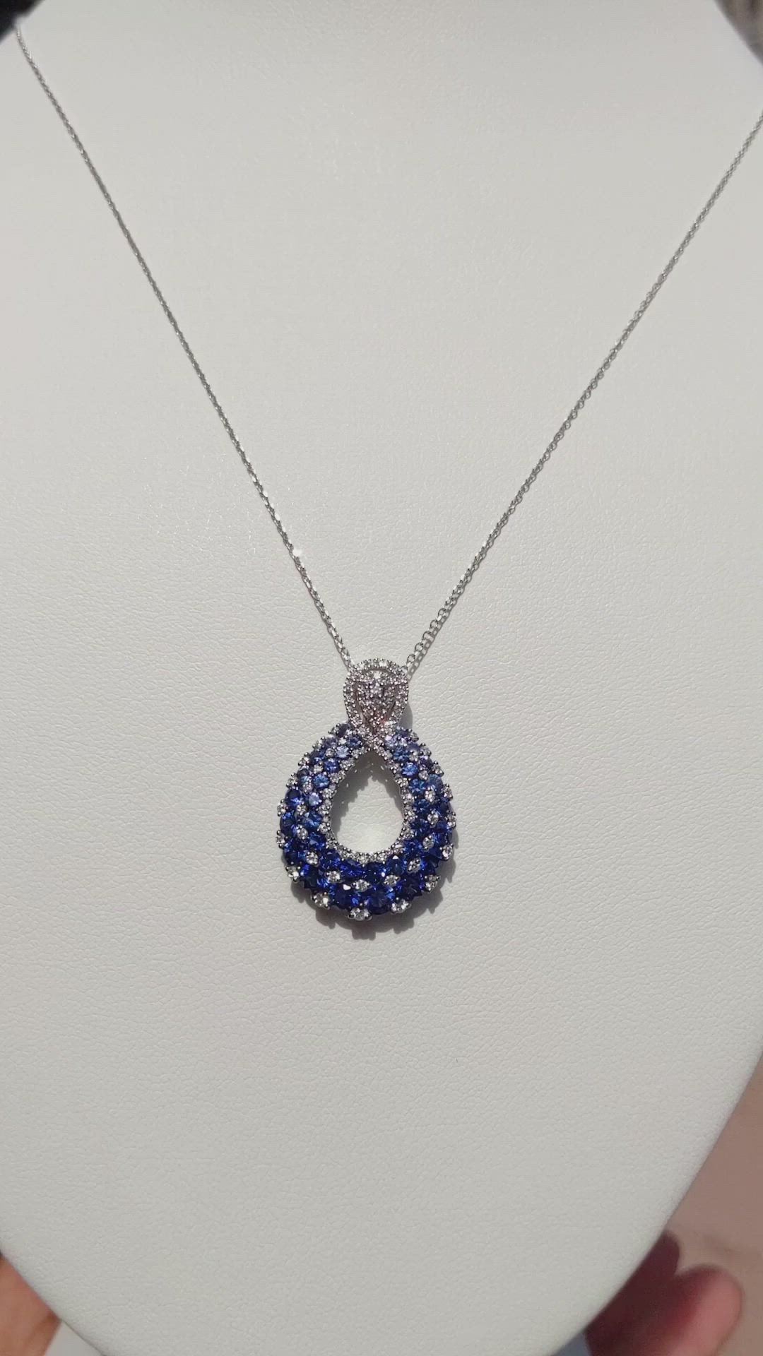 2.27 Ct. Blue Sapphire and Natural Diamond Pave Pendant, 18K White Gold Size Video