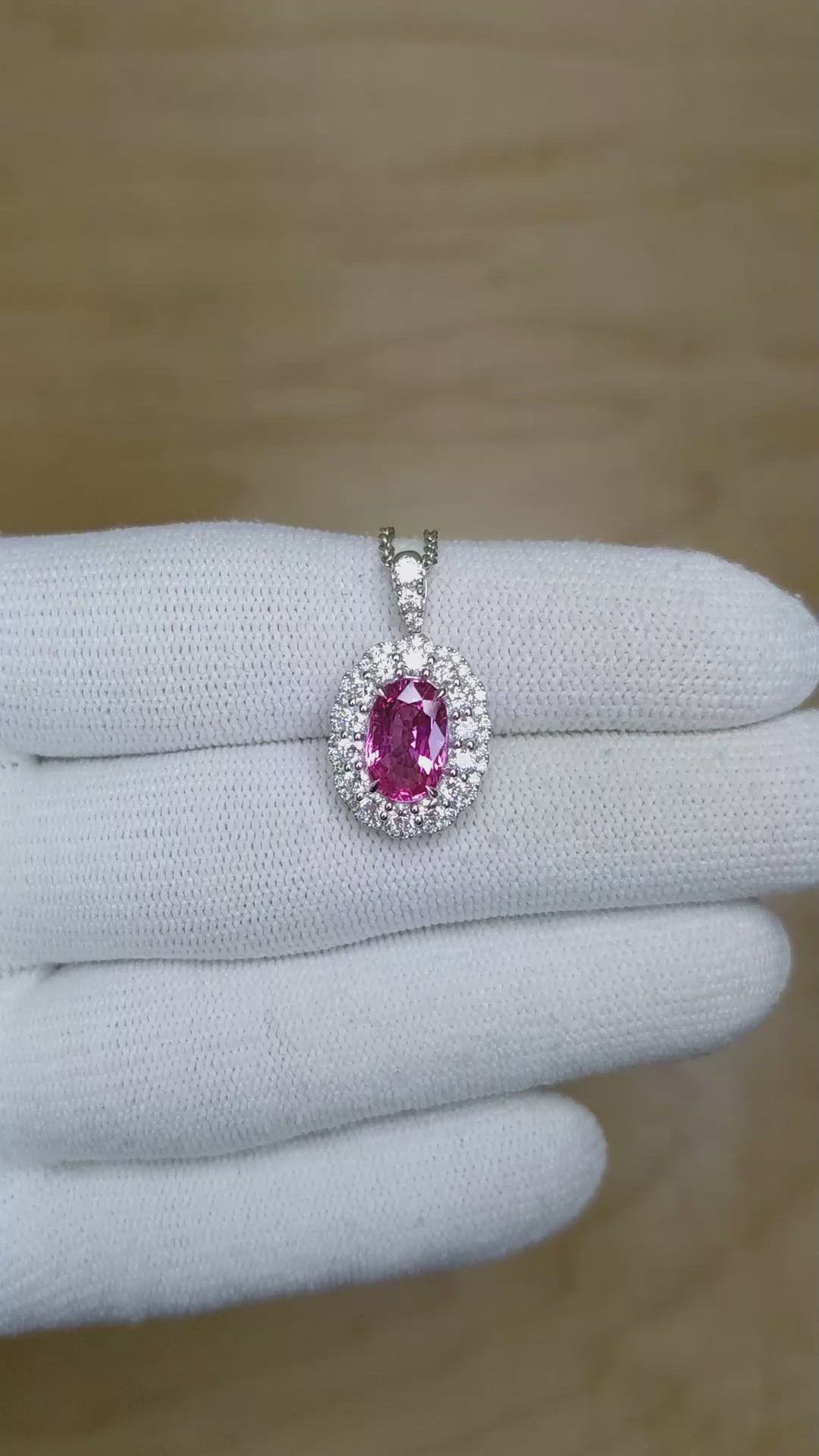 2.38 Ct. Pink Sapphire and Natural Diamond Pave Pendant, 18K White Gold Size Video