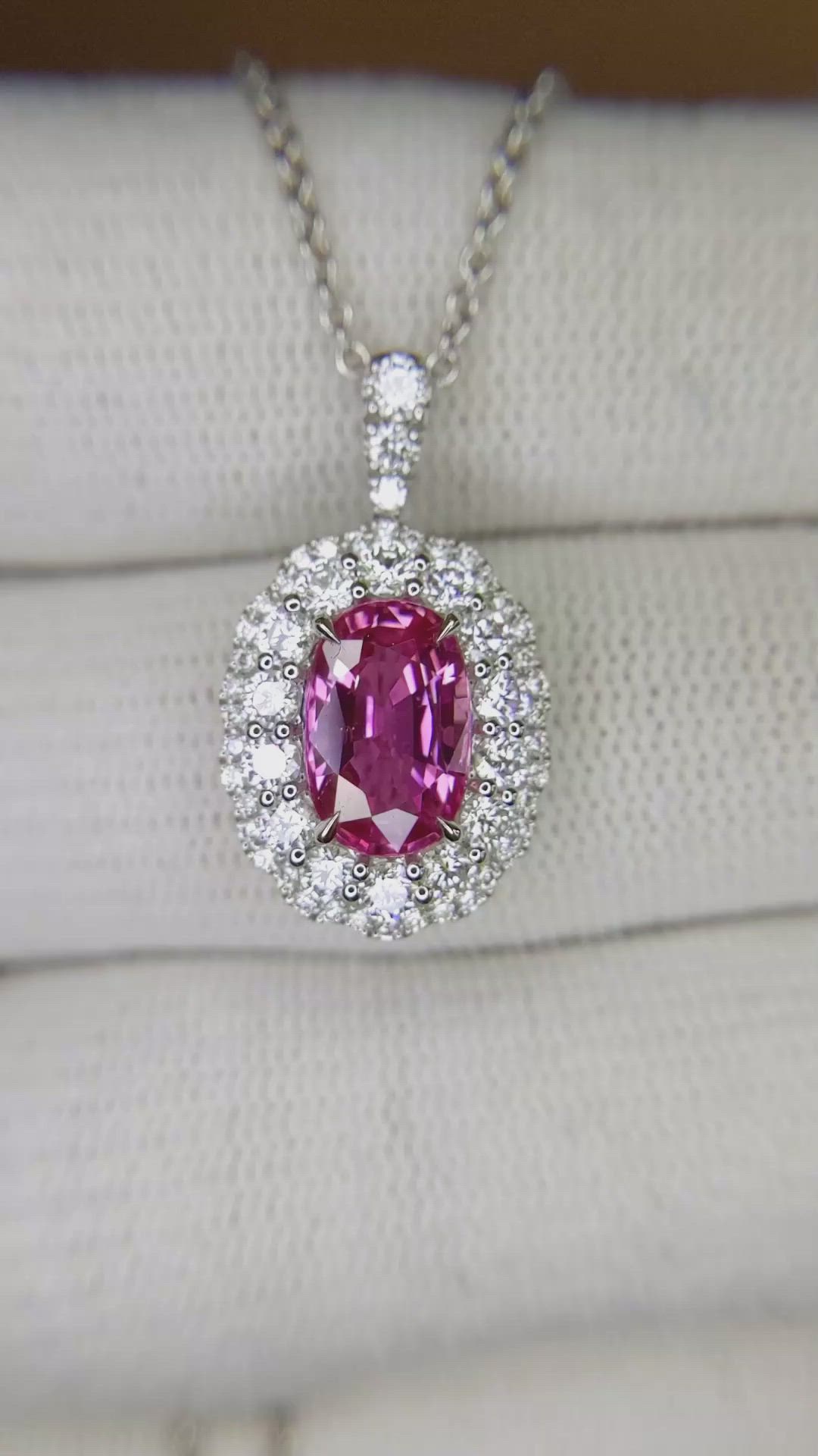 2.38 Ct. Pink Sapphire and Natural Diamond Pave Pendant, 18K White Gold Size Video