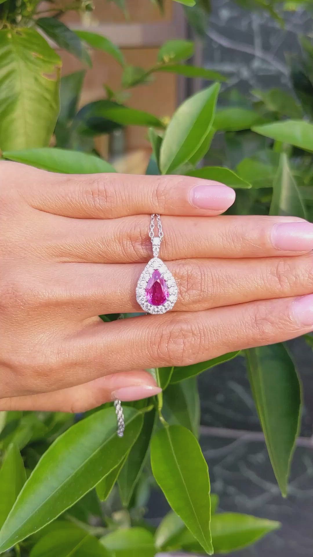 2.09 Ct. Pink Sapphire and Natural Diamond Pave Pendant, 18K White Gold Size Video