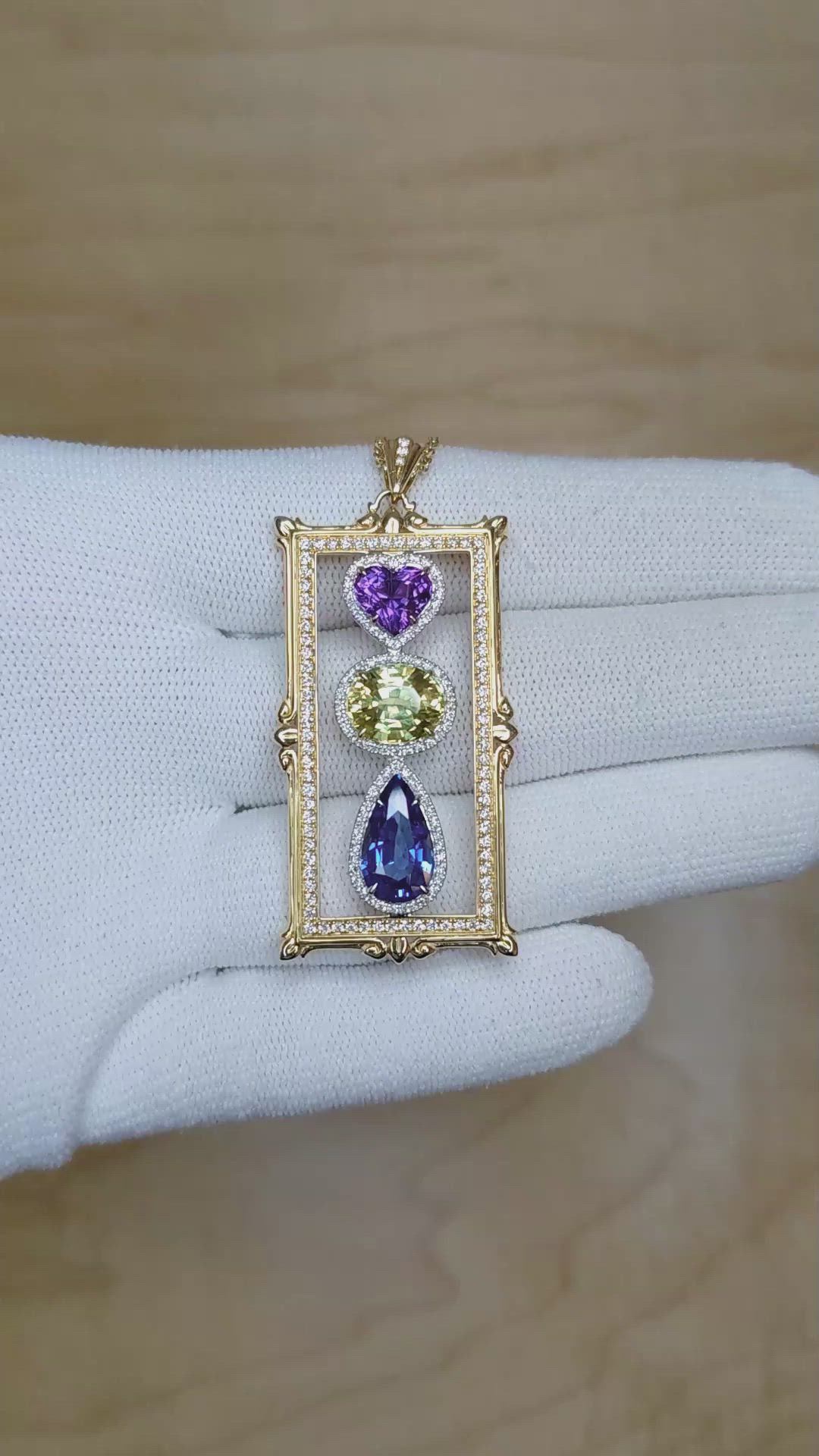 7.79 Ct. Mixed Sapphire and Natural Diamond Pave Pendant, 18K Yellow & White Size Video