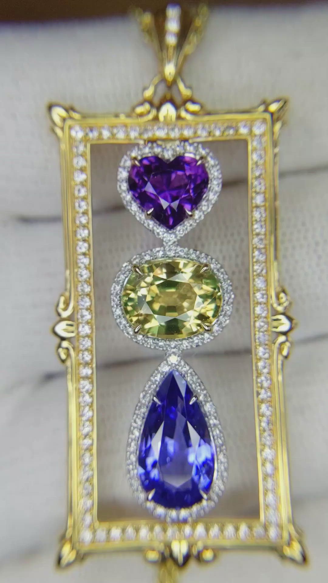 7.79 Ct. Mixed Sapphire and Natural Diamond Pave Pendant, 18K Yellow & White Size Video