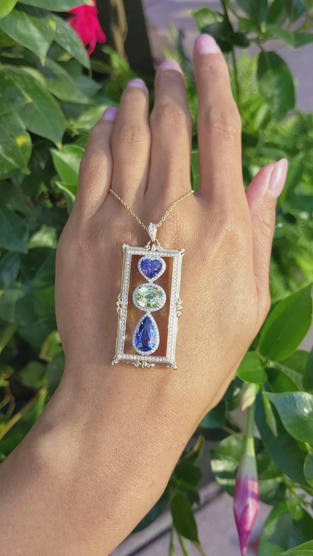 7.79 Ct. Mixed Sapphire and Natural Diamond Pave Pendant, 18K Yellow & White Size Video