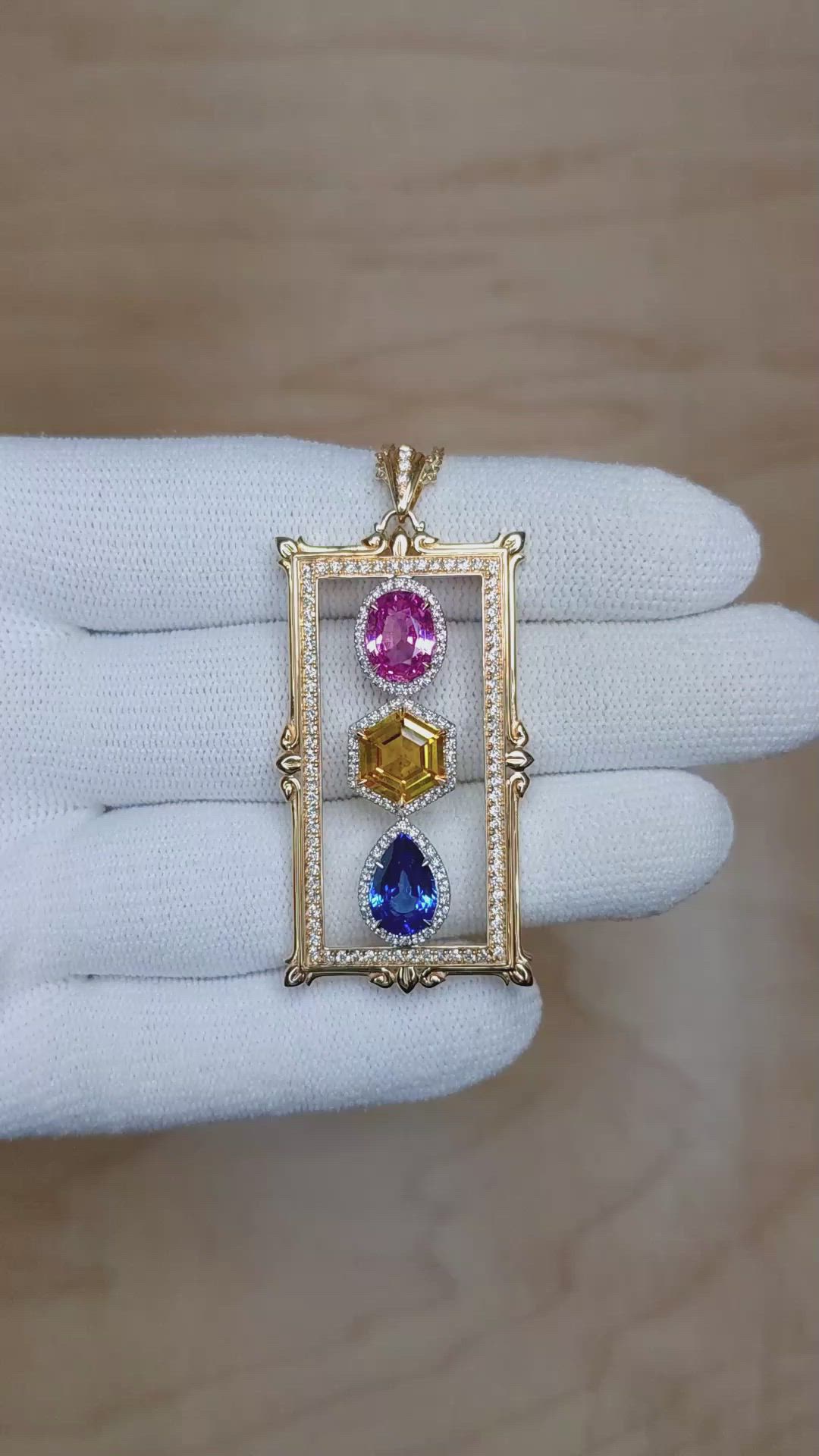 5.09 Ct. Mixed Sapphire and Natural Diamond Pave Pendant, 18K Yellow & White Size Video