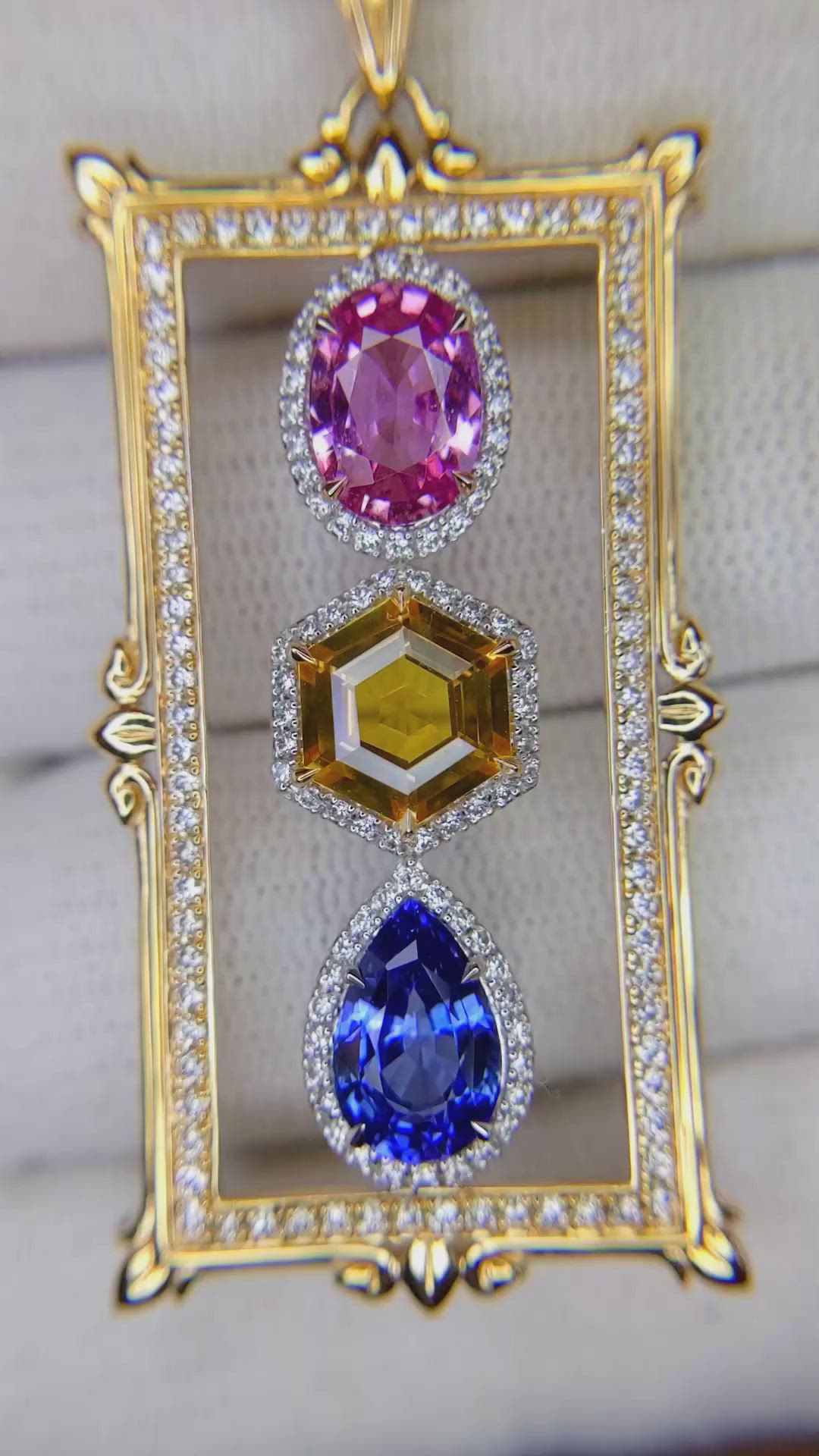 5.09 Ct. Mixed Sapphire and Natural Diamond Pave Pendant, 18K Yellow & White Size Video
