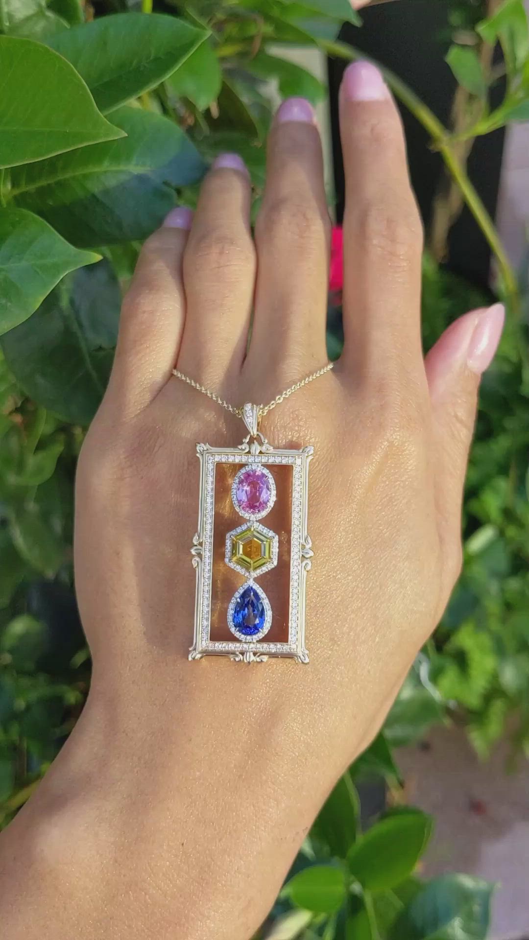 5.09 Ct. Mixed Sapphire and Natural Diamond Pave Pendant, 18K Yellow & White Size Video