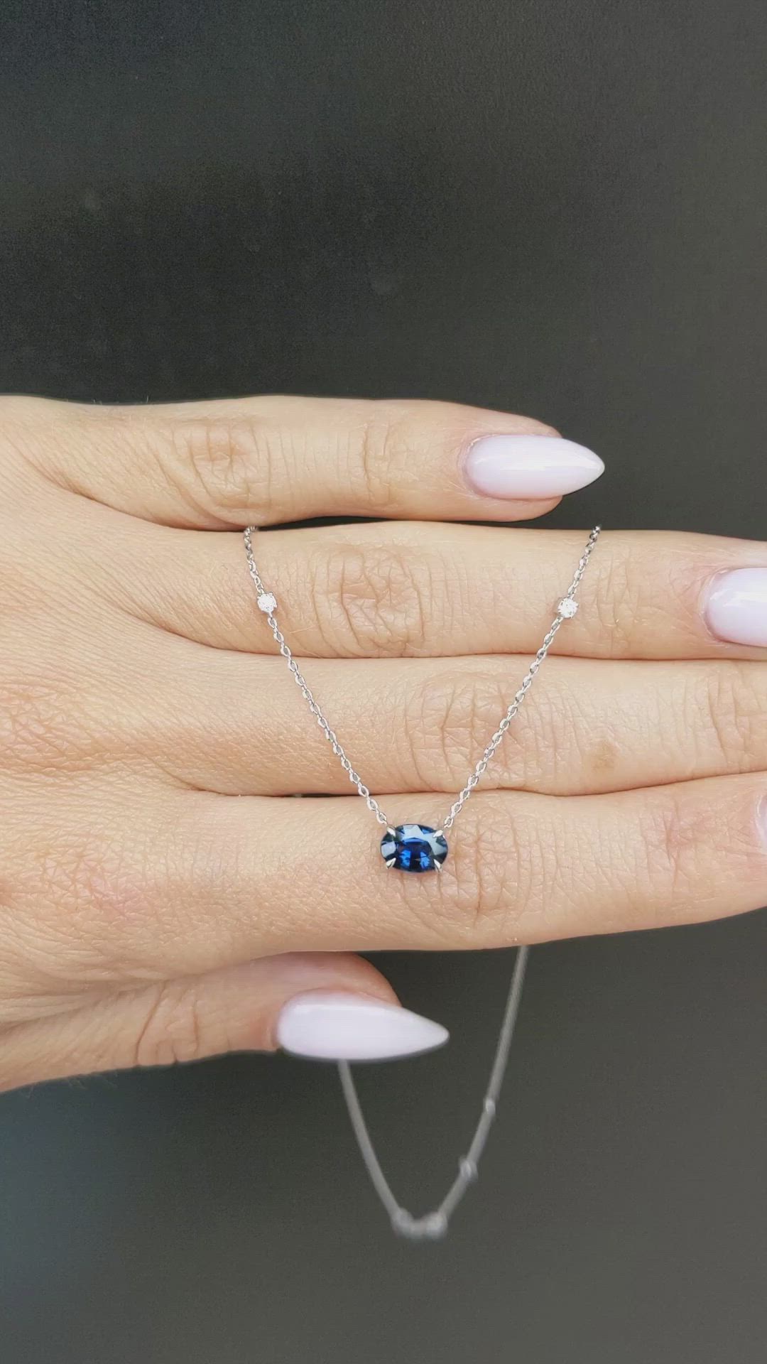 1.05 Ct. Blue Sapphire and Natural Diamond Accent Stones Necklace, 14K White Gold Size Video