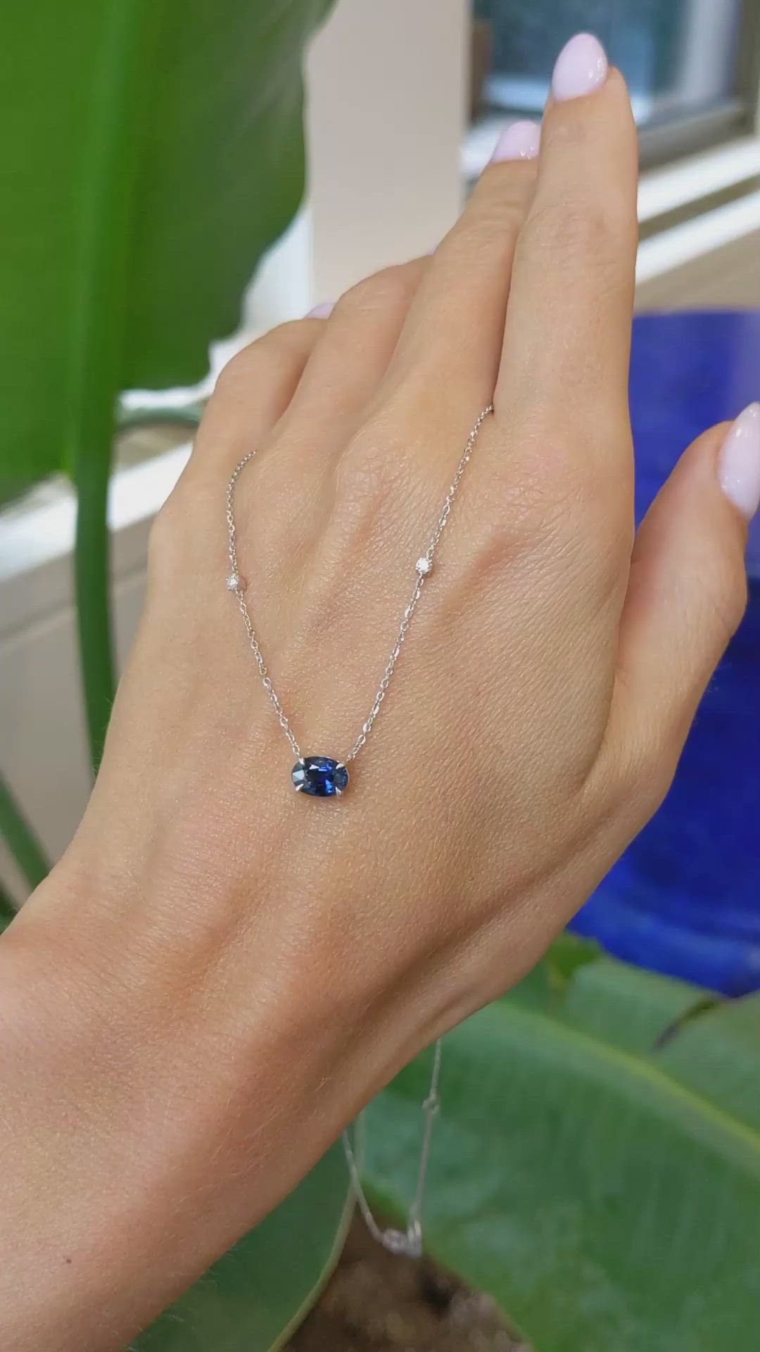 1.05 Ct. Blue Sapphire and Natural Diamond Accent Stones Necklace, 14K White Gold Size Video