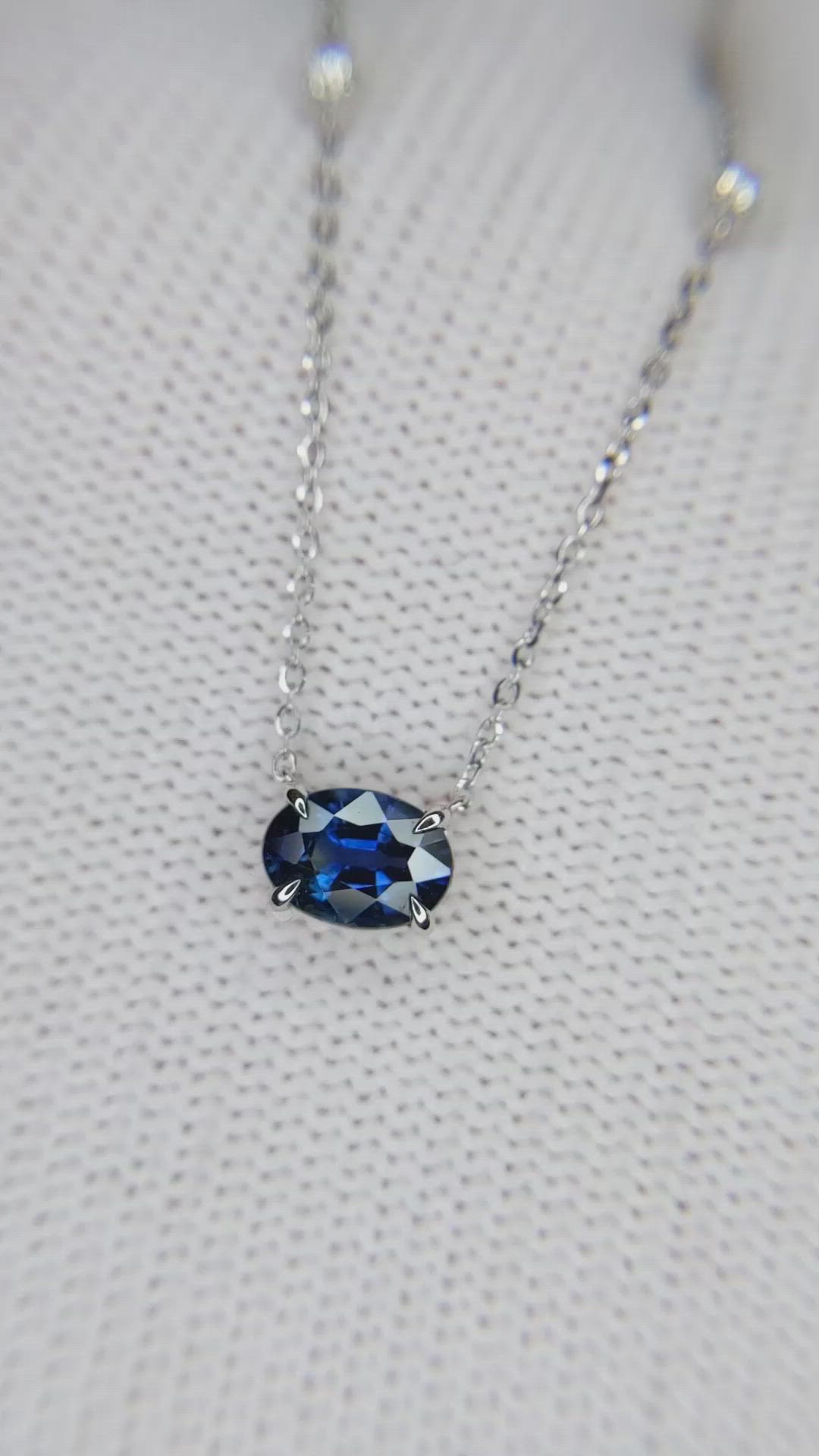 1.05 Ct. Blue Sapphire and Natural Diamond Accent Stones Necklace, 14K White Gold Size Video