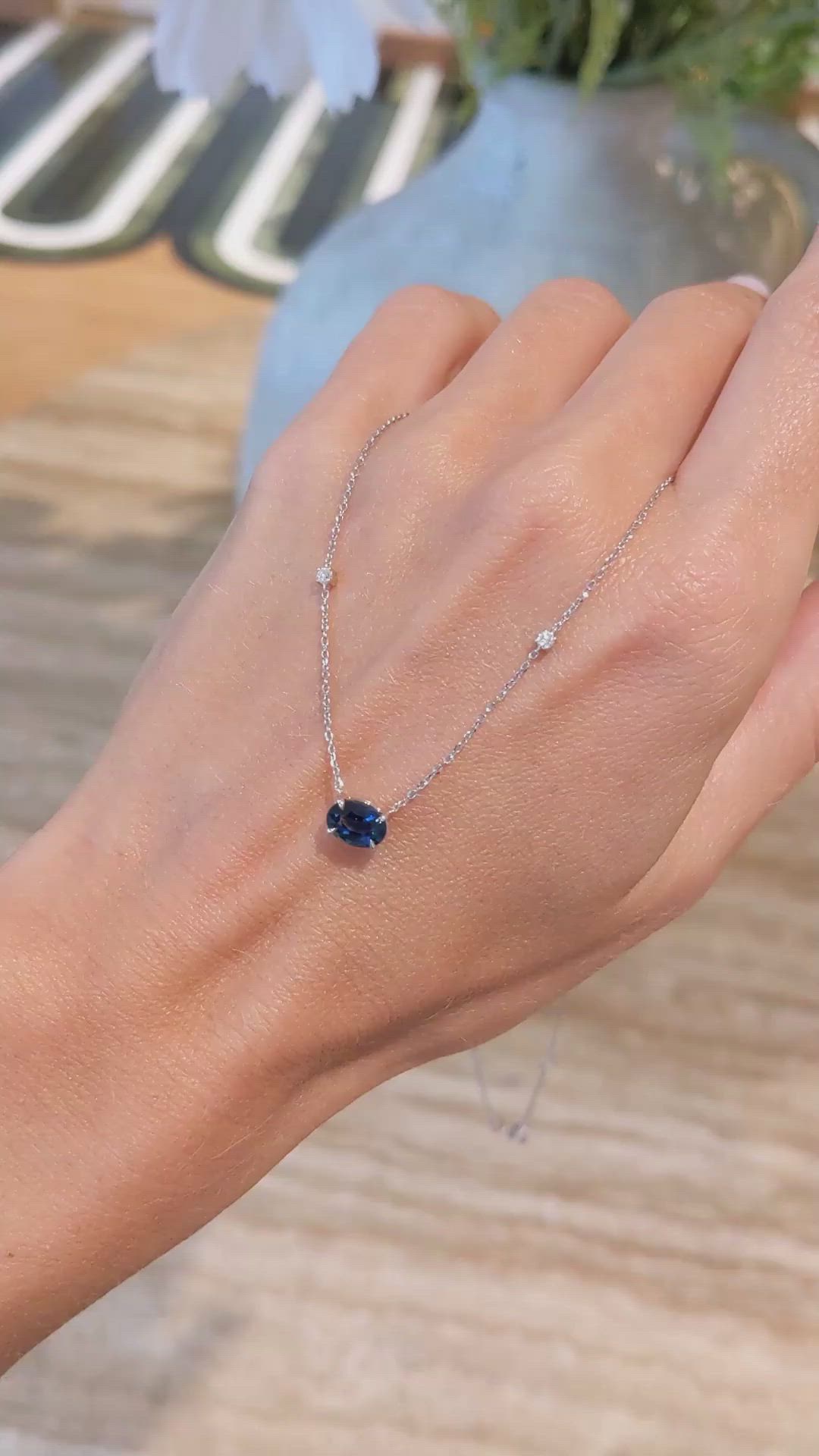 1.05 Ct. Blue Sapphire and Natural Diamond Accent Stones Necklace, 14K White Gold Size Video