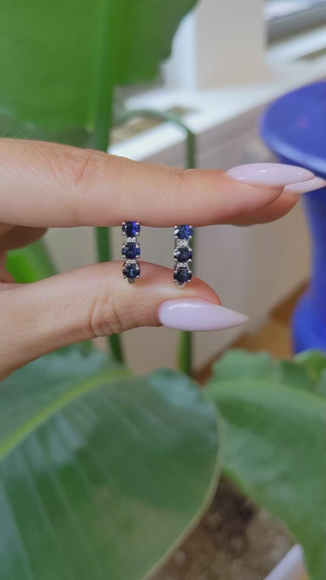 1.37 Ct.Tw. Blue Sapphire and Natural Diamond Pave Earrings, 14K White Gold Size Video