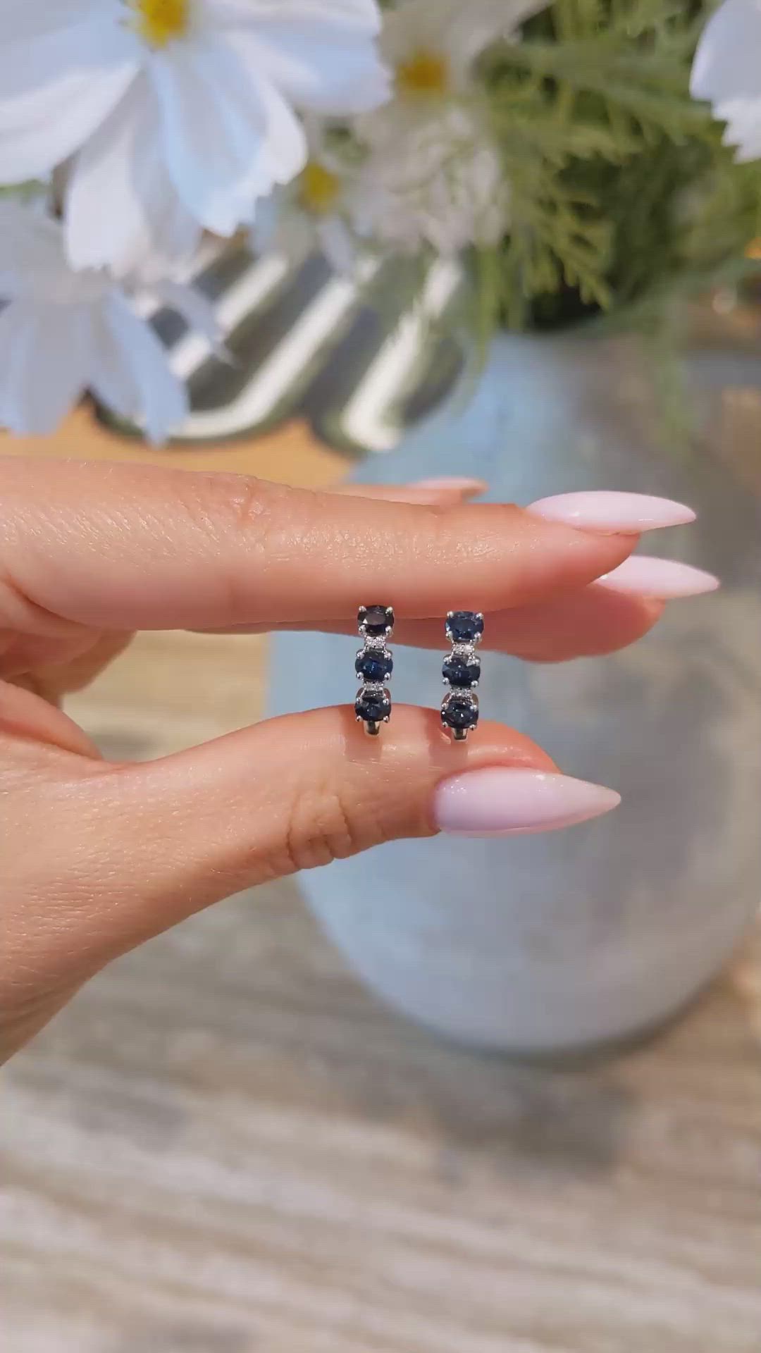 1.37 Ct.Tw. Blue Sapphire and Natural Diamond Pave Earrings, 14K White Gold Size Video