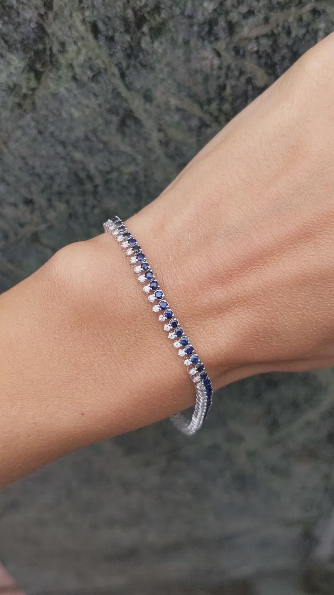 3.08 Ct.Tw. Blue Sapphire and Natural Diamond Tennis/Line Bracelet, 14K White Gold Size Video