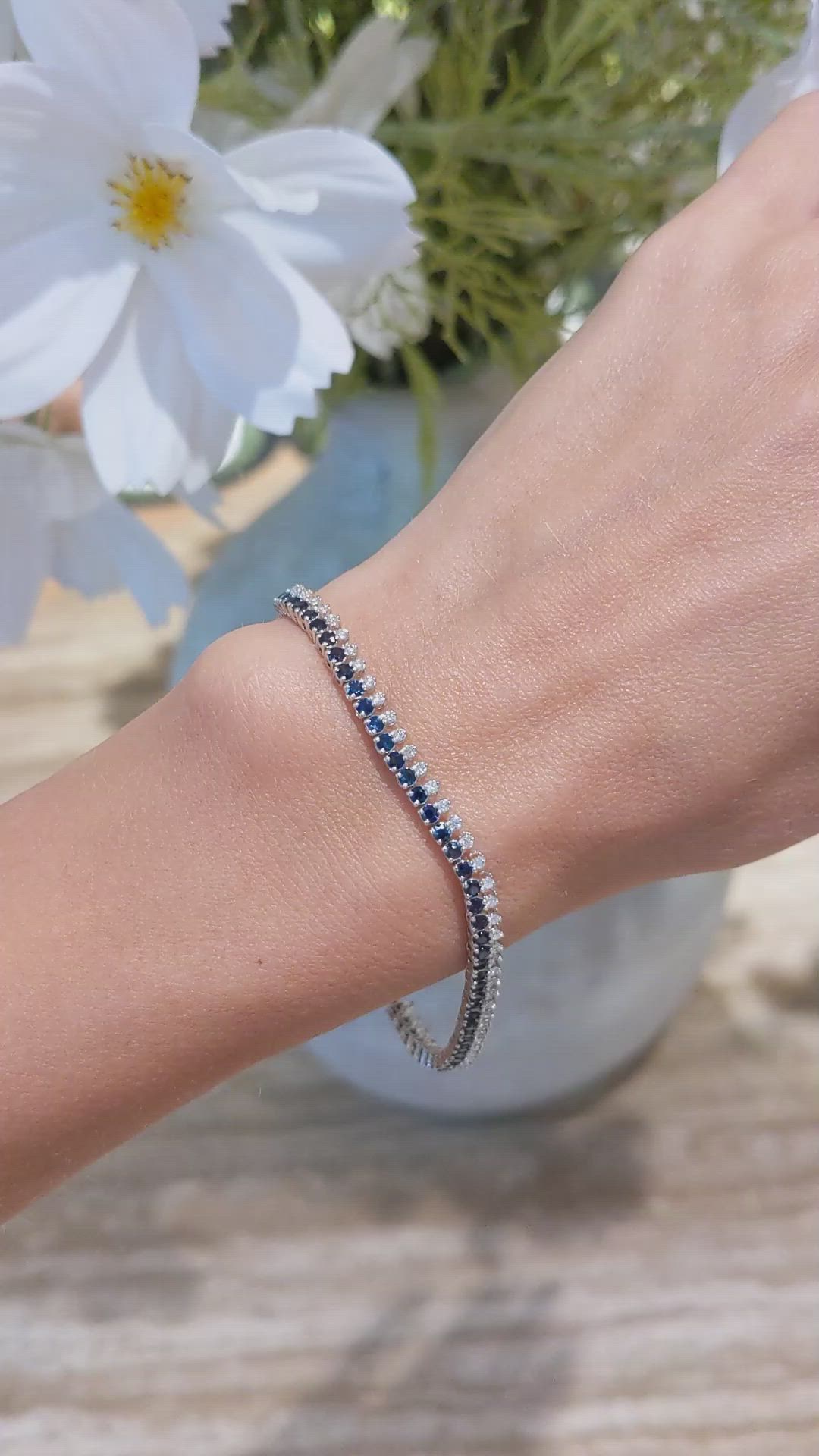 3.08 Ct.Tw. Blue Sapphire and Natural Diamond Tennis/Line Bracelet, 14K White Gold Size Video