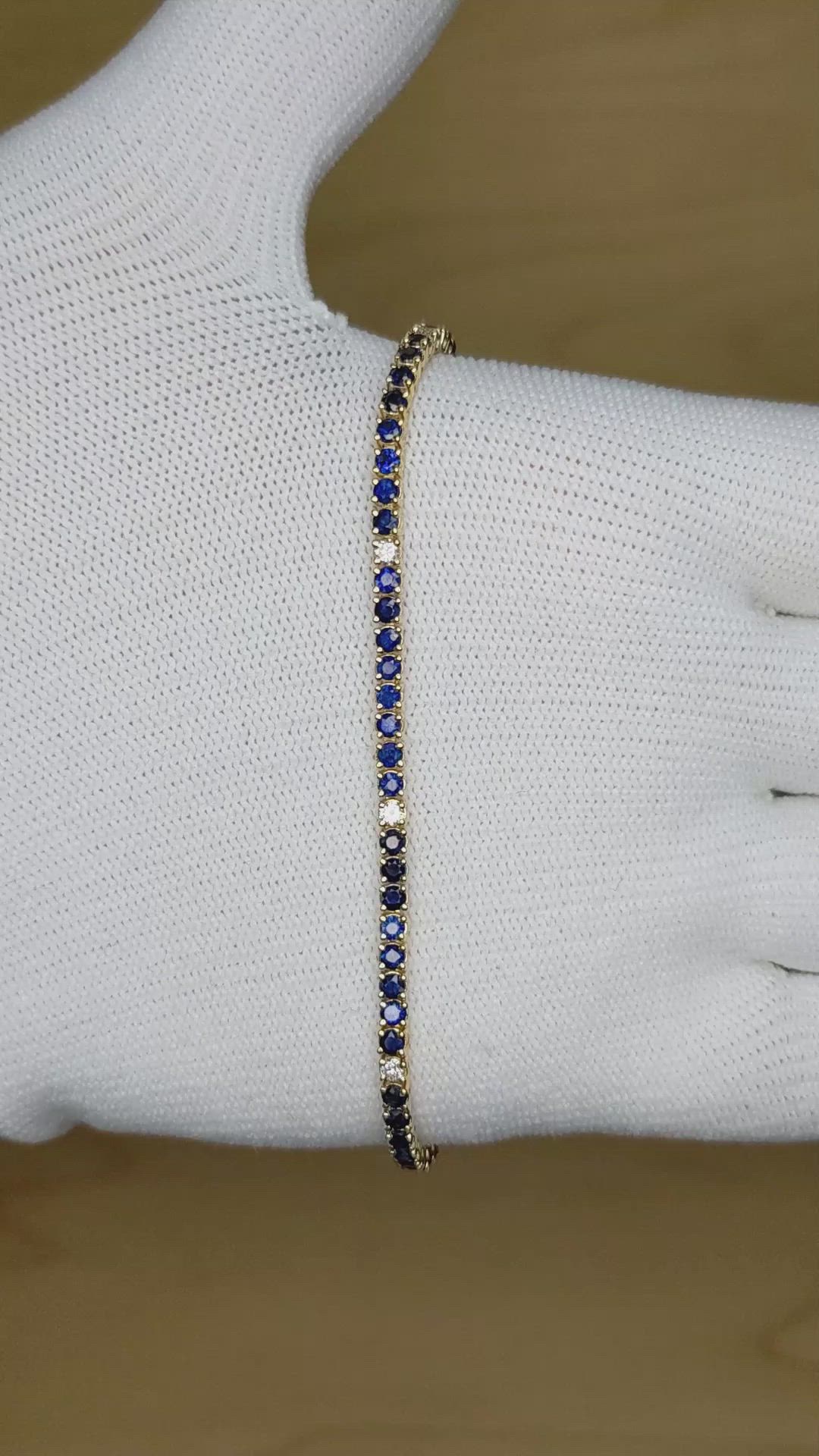 3.20 Ct.Tw. Blue Sapphire and Natural Diamond Tennis/Line Bracelet, 14K Yellow Gold Size Video