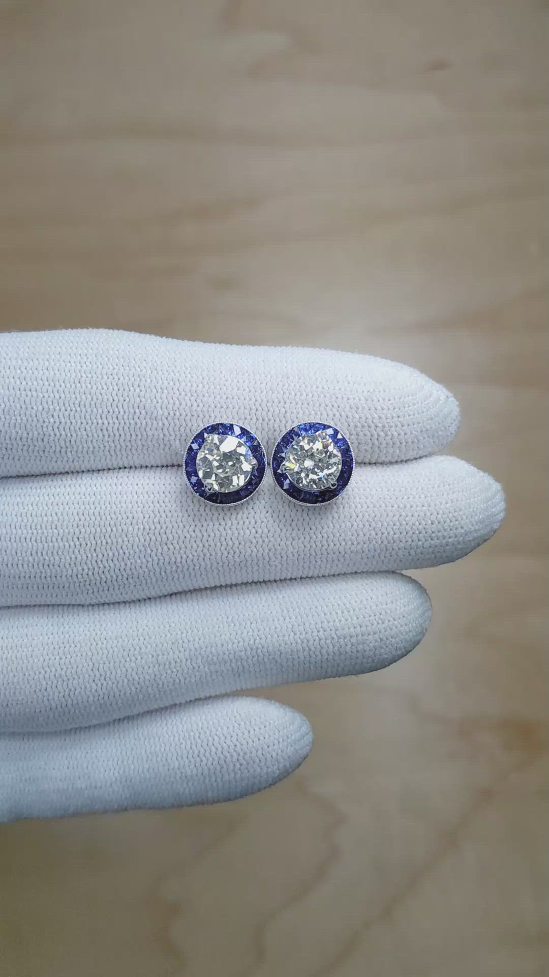 3.85 Ct.Tw. Natural Diamond and Blue Sapphire Studs Earrings, Platinum 950 Size Video