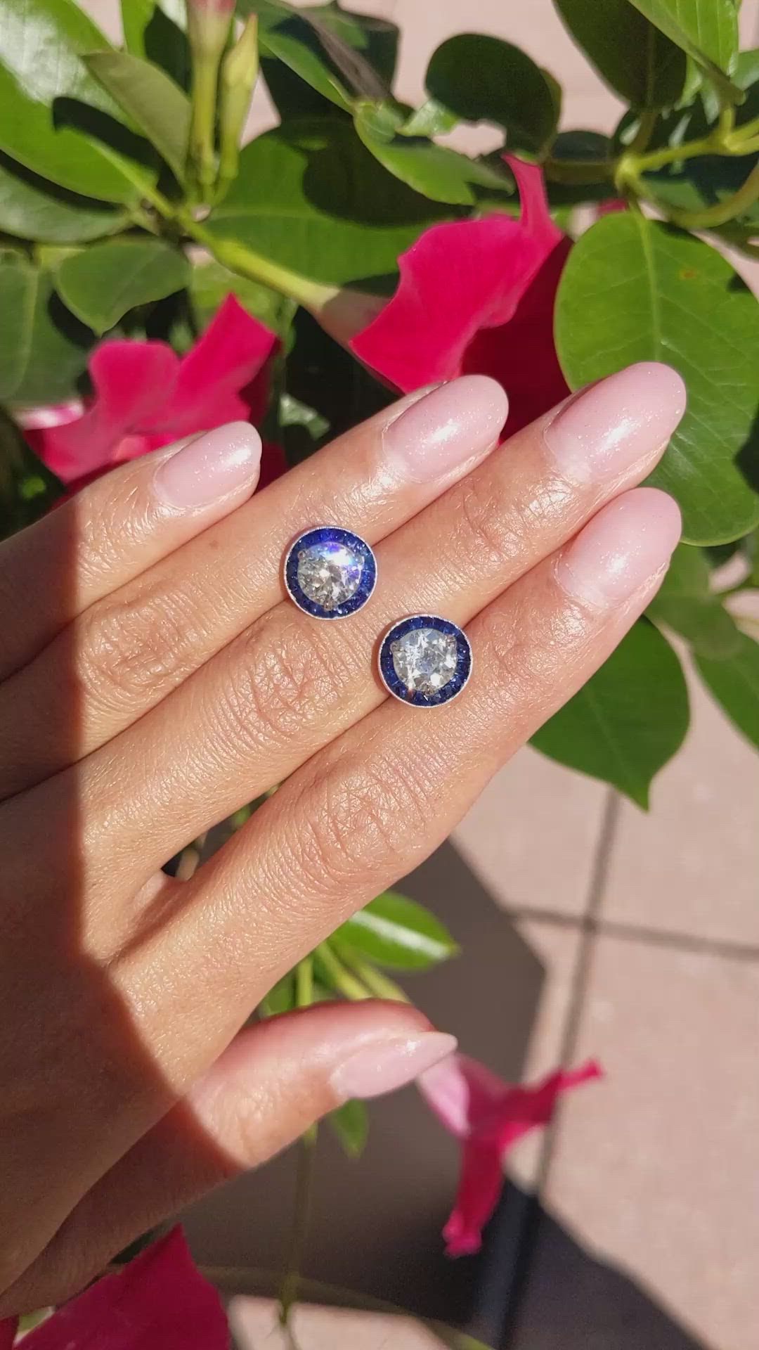 3.85 Ct.Tw. Natural Diamond and Blue Sapphire Studs Earrings, Platinum 950 Size Video