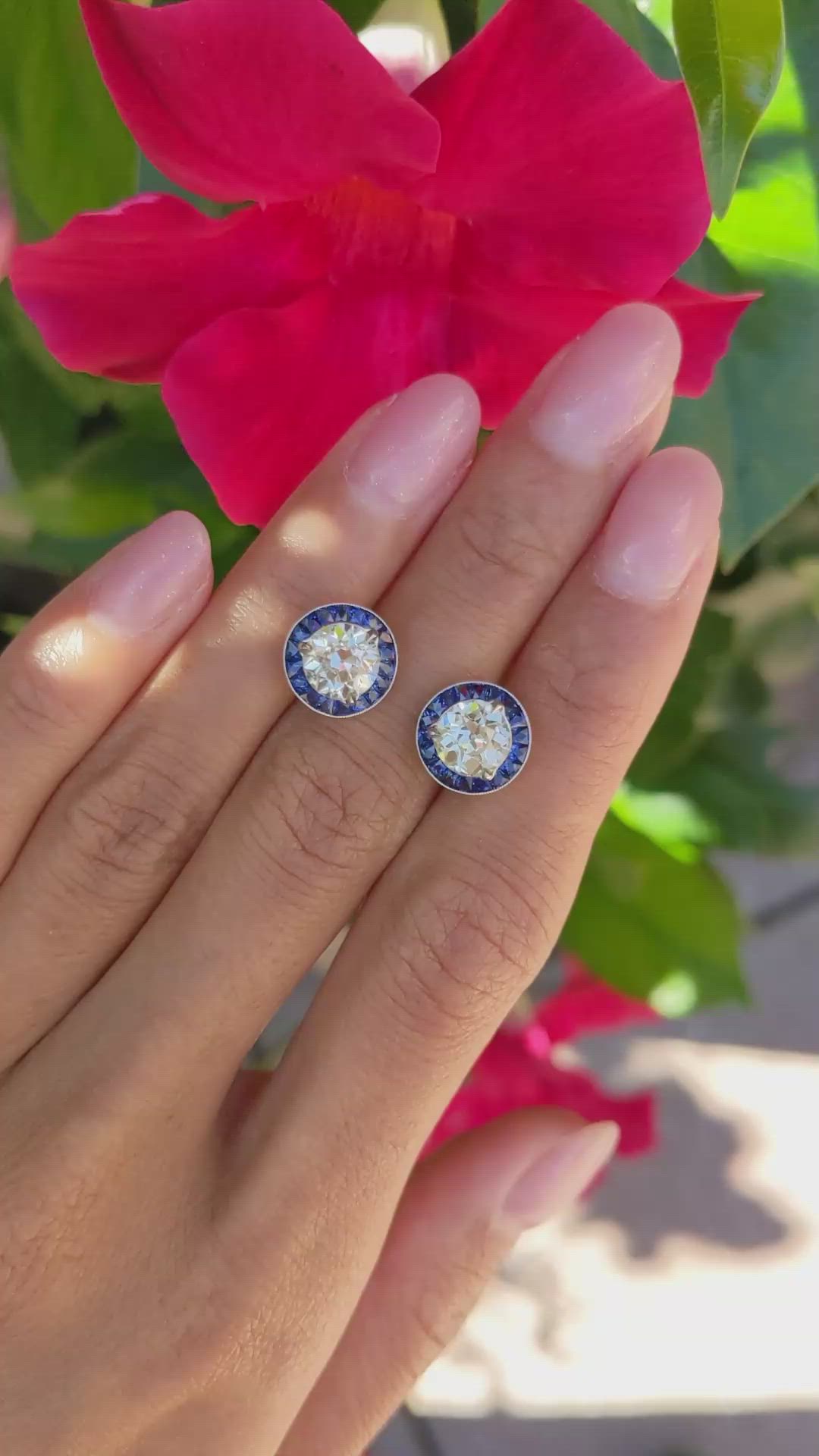 3.85 Ct.Tw. Natural Diamond and Blue Sapphire Studs Earrings, Platinum 950 Size Video