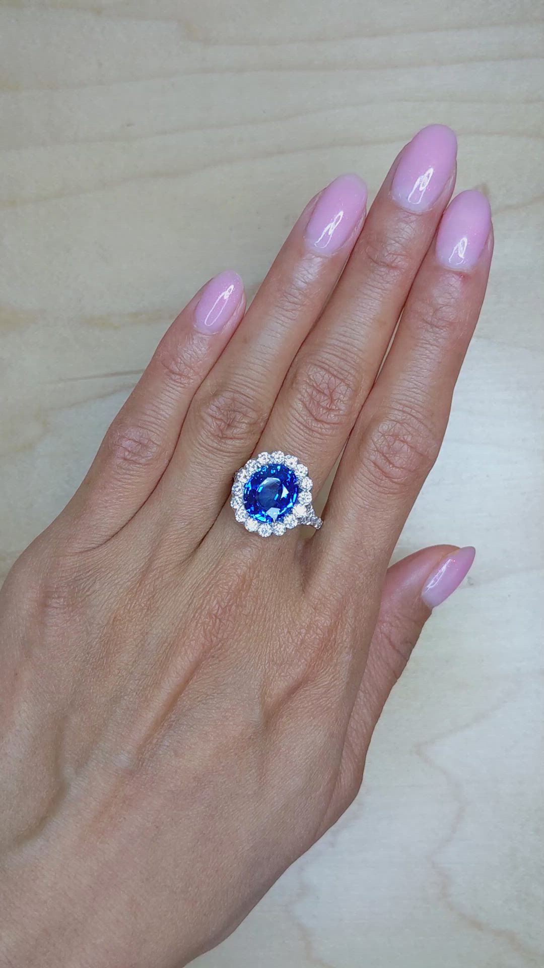 6.33 Ct. Blue Sapphire and Natural Diamond Pave Ring, 18K White Gold Size Video