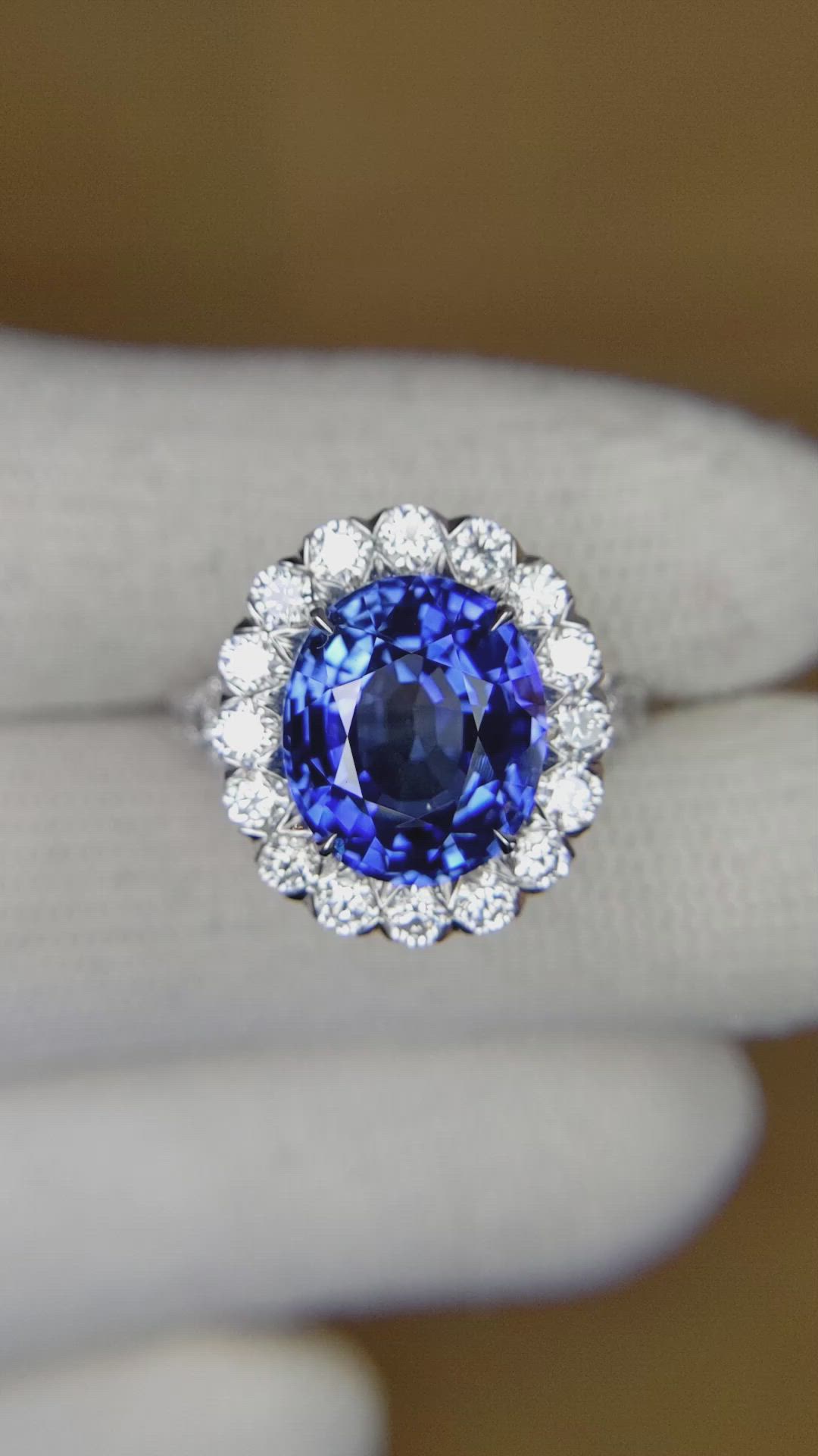 6.33 Ct. Blue Sapphire and Natural Diamond Pave Ring, 18K White Gold Size Video