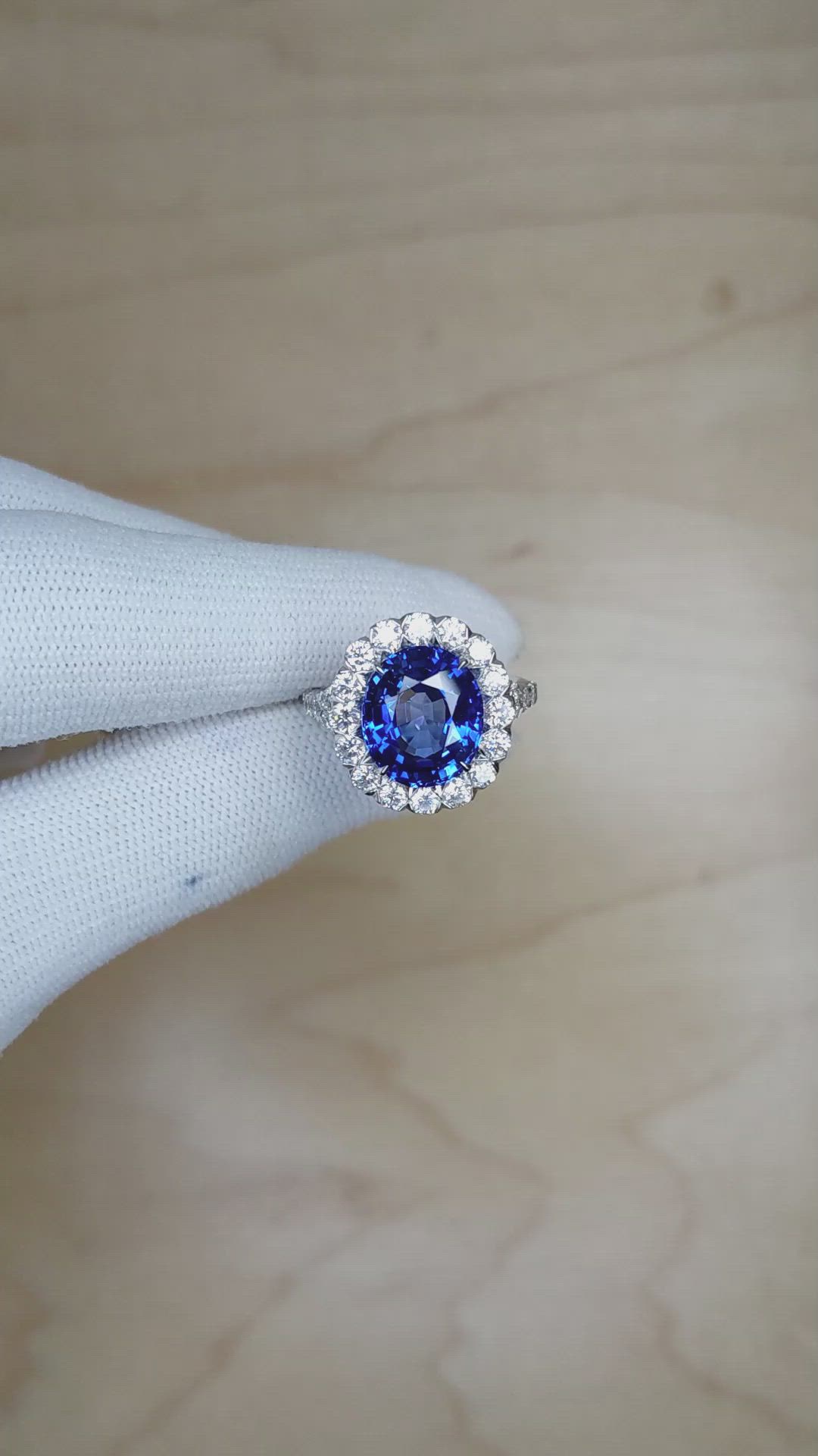 6.33 Ct. Blue Sapphire and Natural Diamond Pave Ring, 18K White Gold Size Video