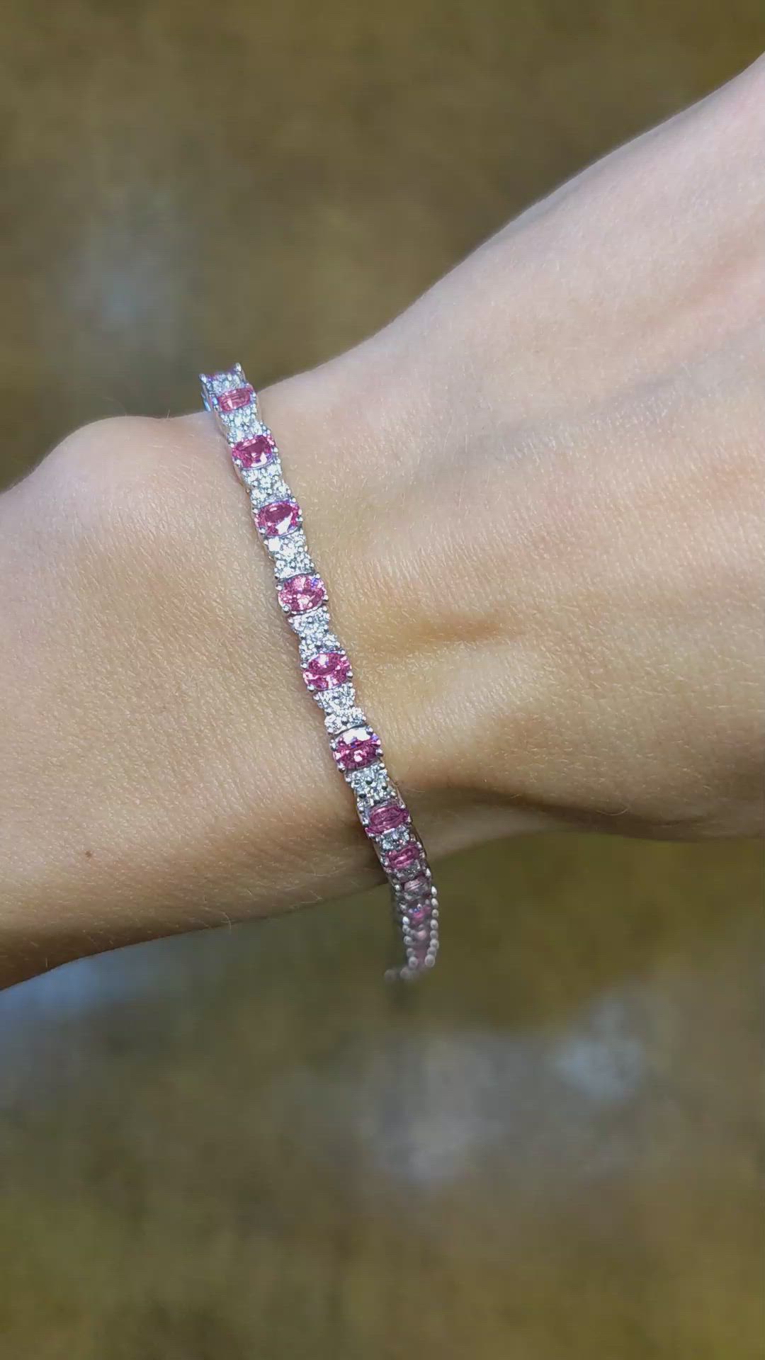 6.04 Ct.Tw. Pink Sapphire and Natural Diamond Pave Bracelet, 18K White Gold Size Video