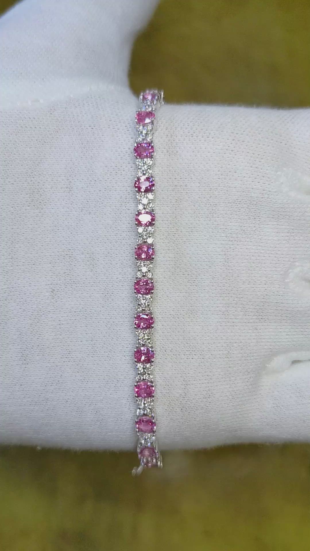 6.04 Ct.Tw. Pink Sapphire and Natural Diamond Pave Bracelet, 18K White Gold Size Video