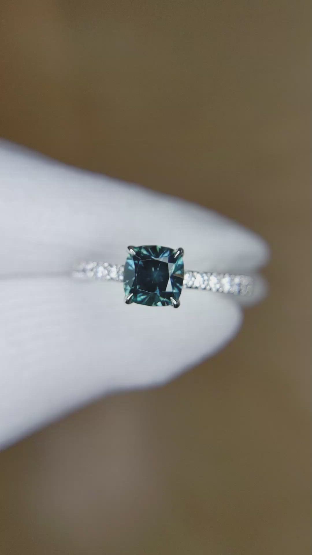 1.37 Ct. Greenish Blue Sapphire and Natural Diamond Pave Ring, Platinum 950 Size Video