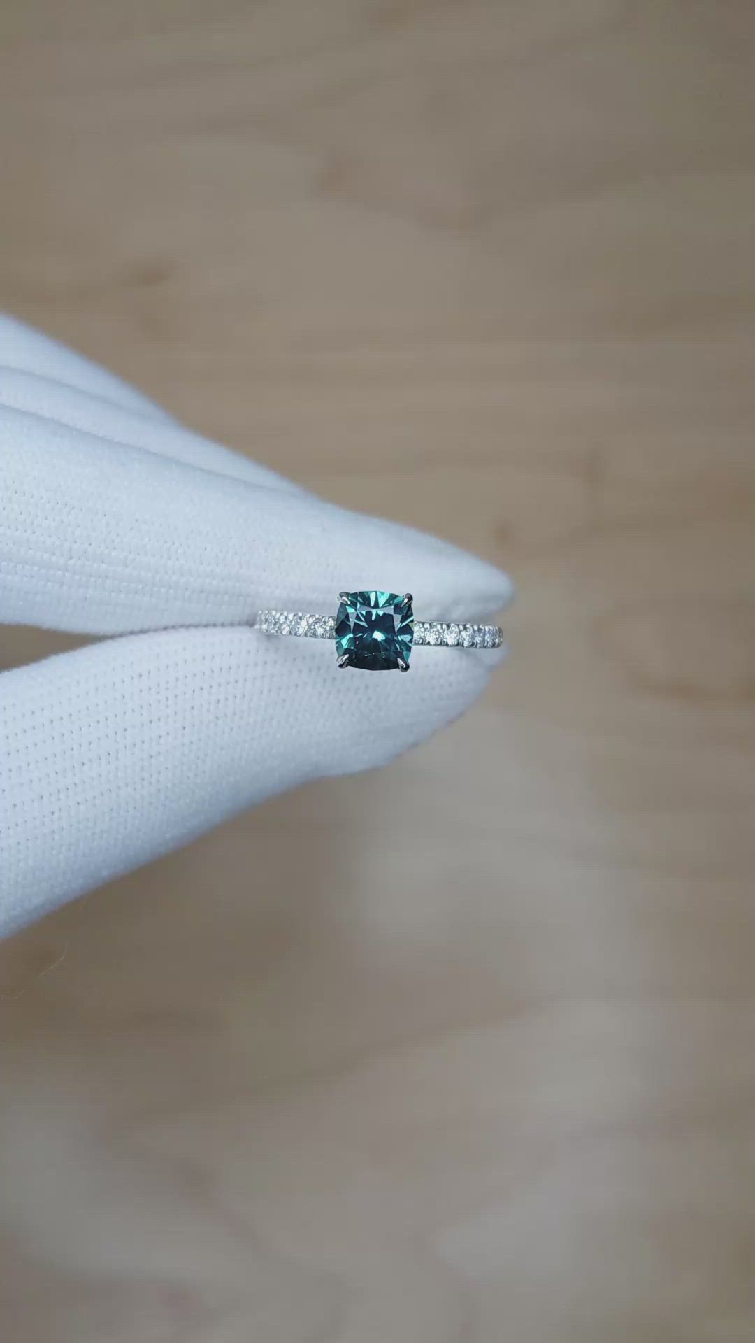1.37 Ct. Greenish Blue Sapphire and Natural Diamond Pave Ring, Platinum 950 Size Video