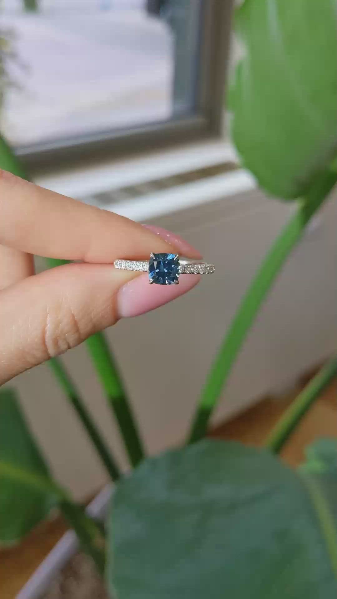 1.37 Ct. Greenish Blue Sapphire and Natural Diamond Pave Ring, Platinum 950 Size Video