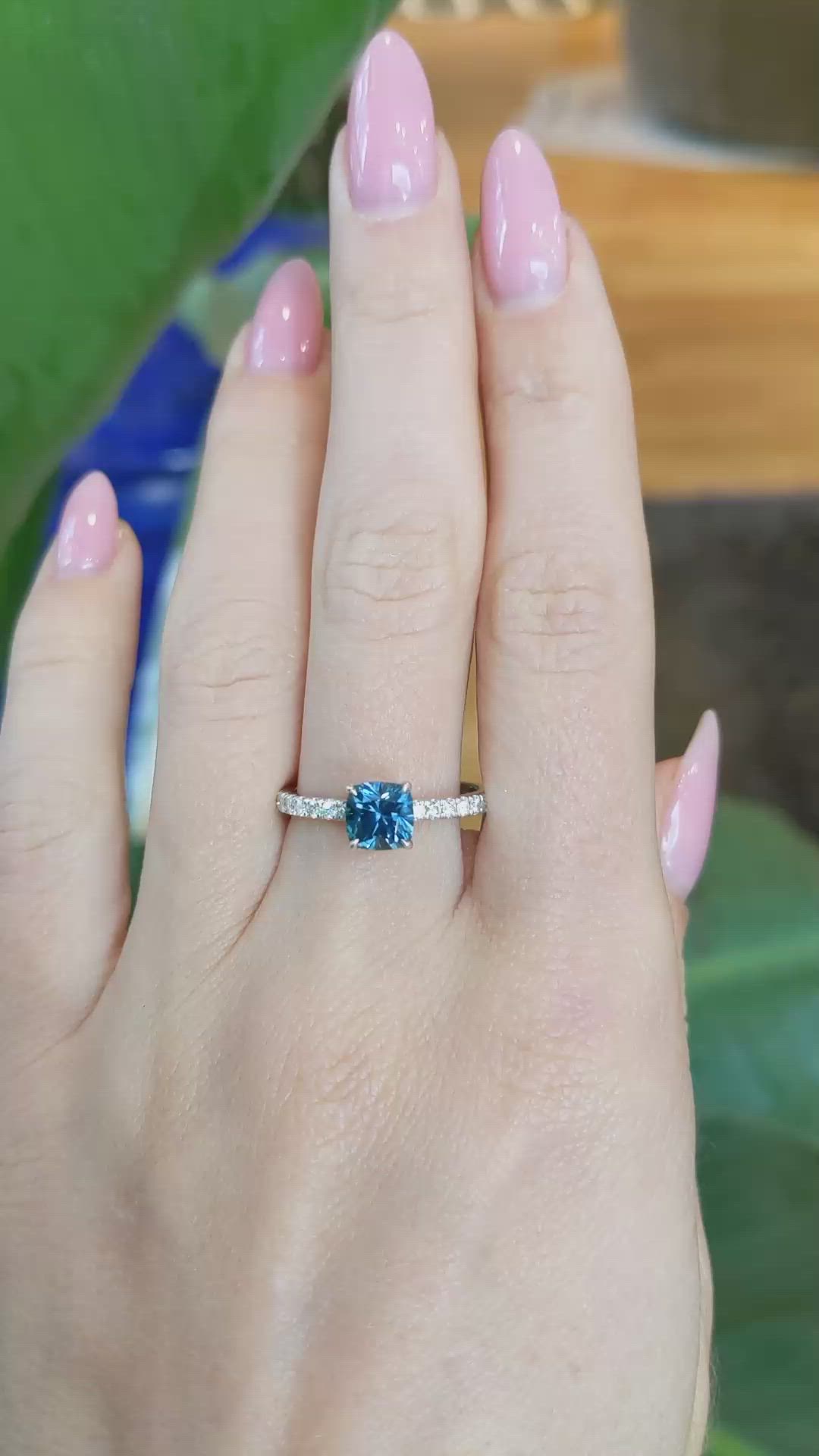 1.37 Ct. Greenish Blue Sapphire and Natural Diamond Pave Ring, Platinum 950 Size Video