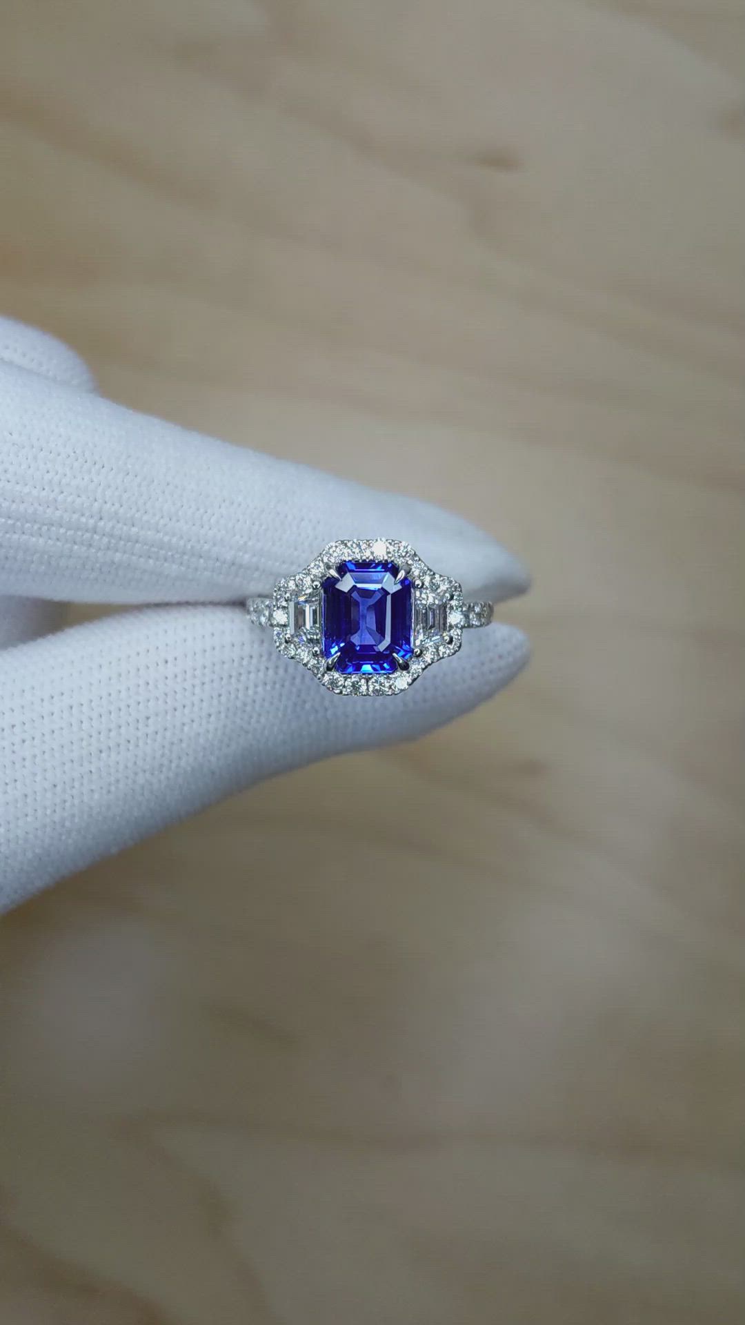 2.32 Ct. Blue Sapphire and Natural Diamond Pave Ring, 18K White Gold Size Video