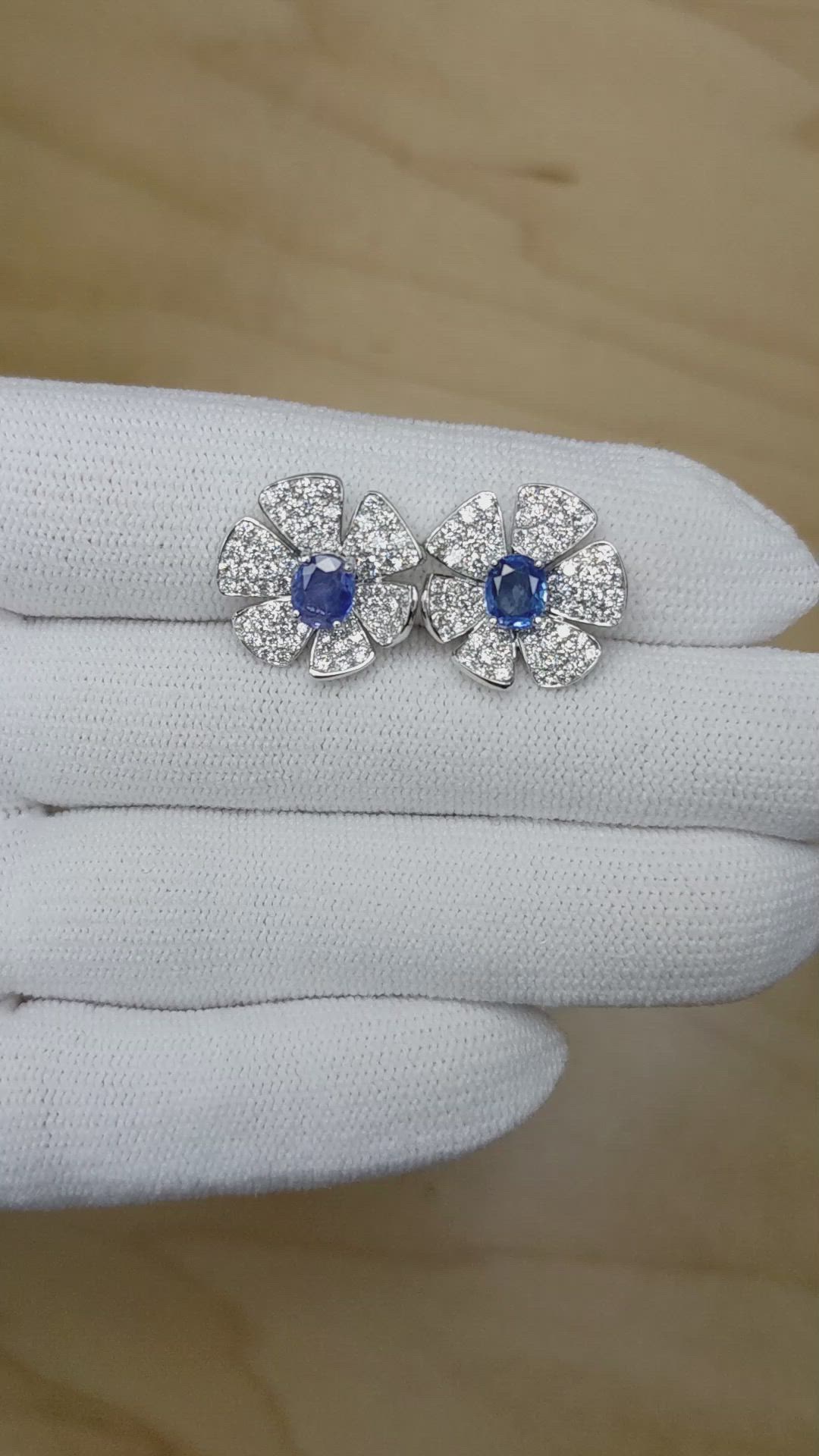 1.47 Ct.Tw. Blue Sapphire and Natural Diamond Studs Earrings, 18K White Gold Size Video