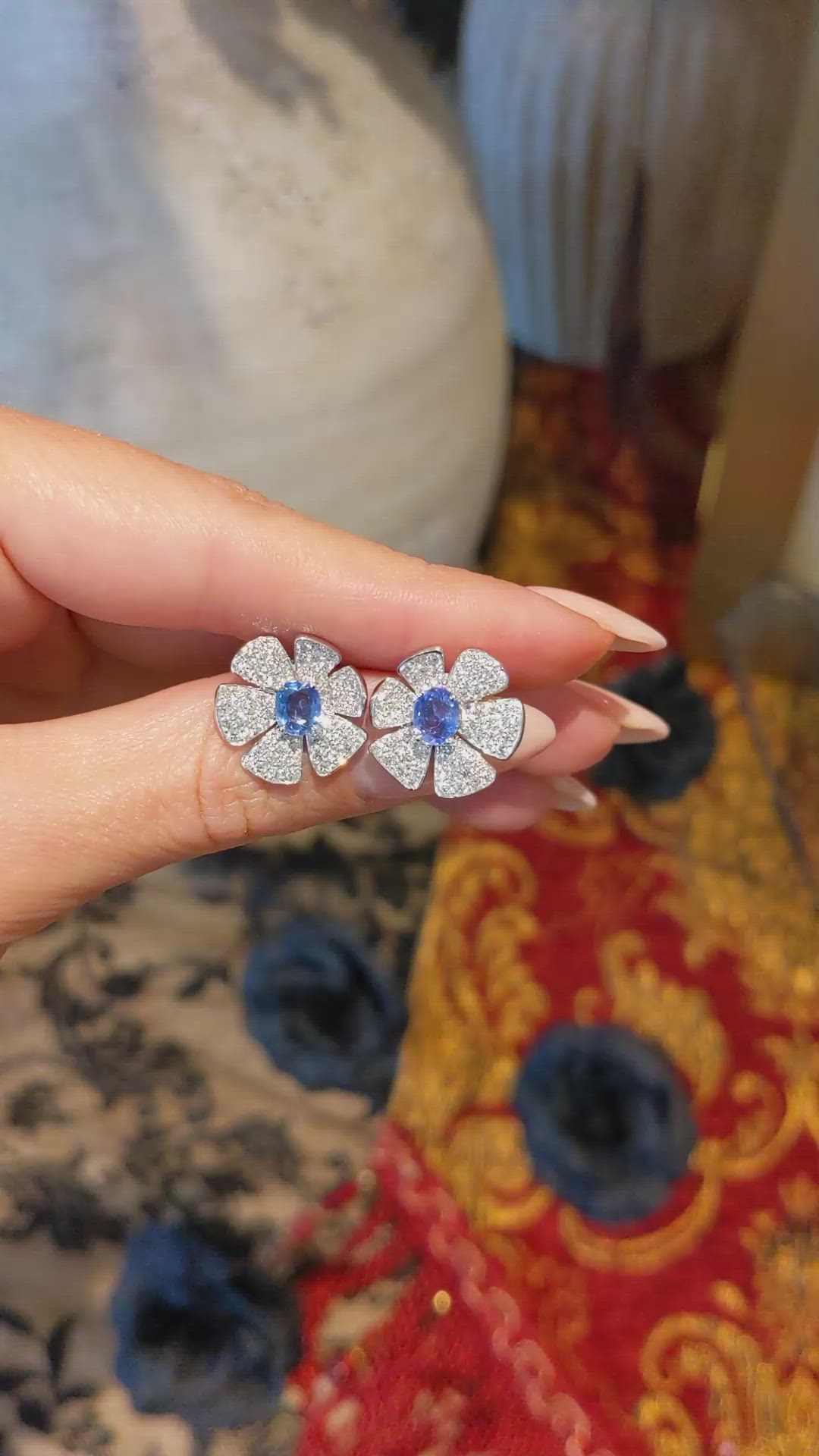 1.47&nbsp;Ct.Tw.Total Carat Weight Blue Sapphire and Natural Diamond Studs Earrings, 18K White Gold Size Video