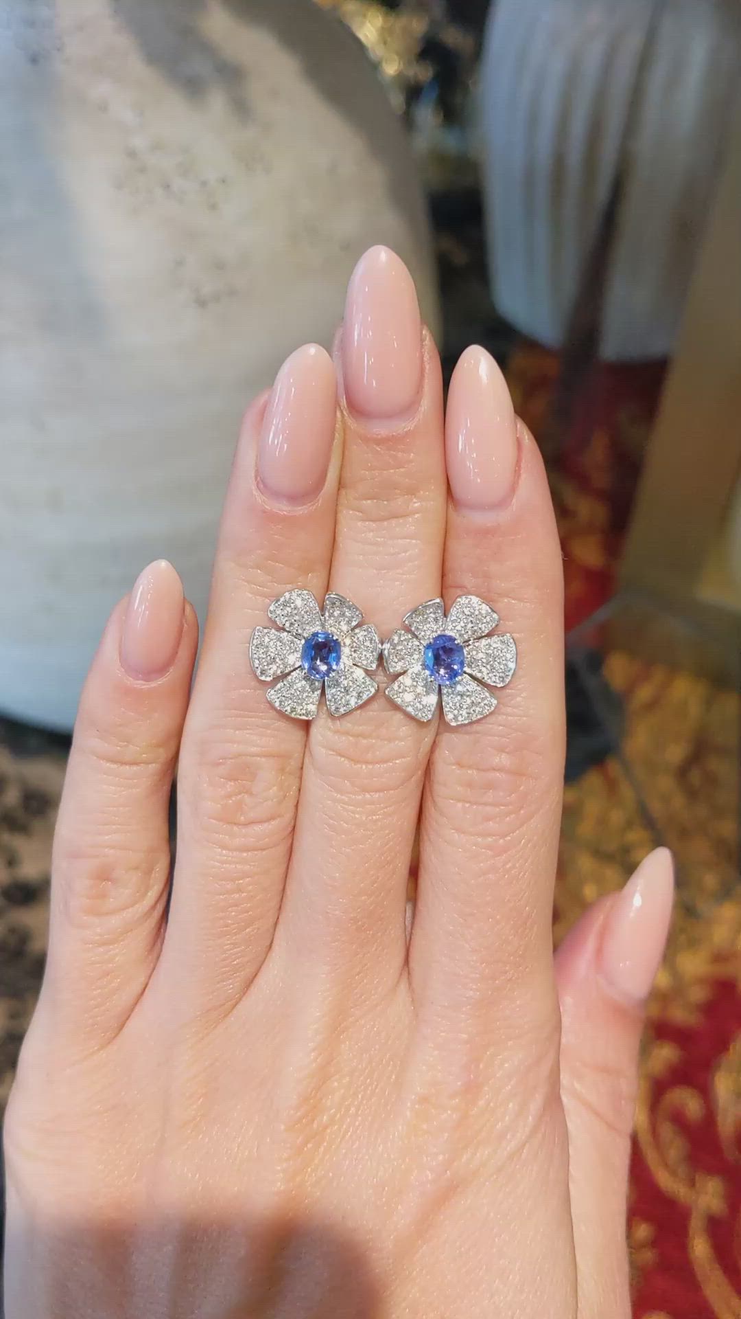 1.47&nbsp;Ct.Tw.Total Carat Weight Blue Sapphire and Natural Diamond Studs Earrings, 18K White Gold Size Video