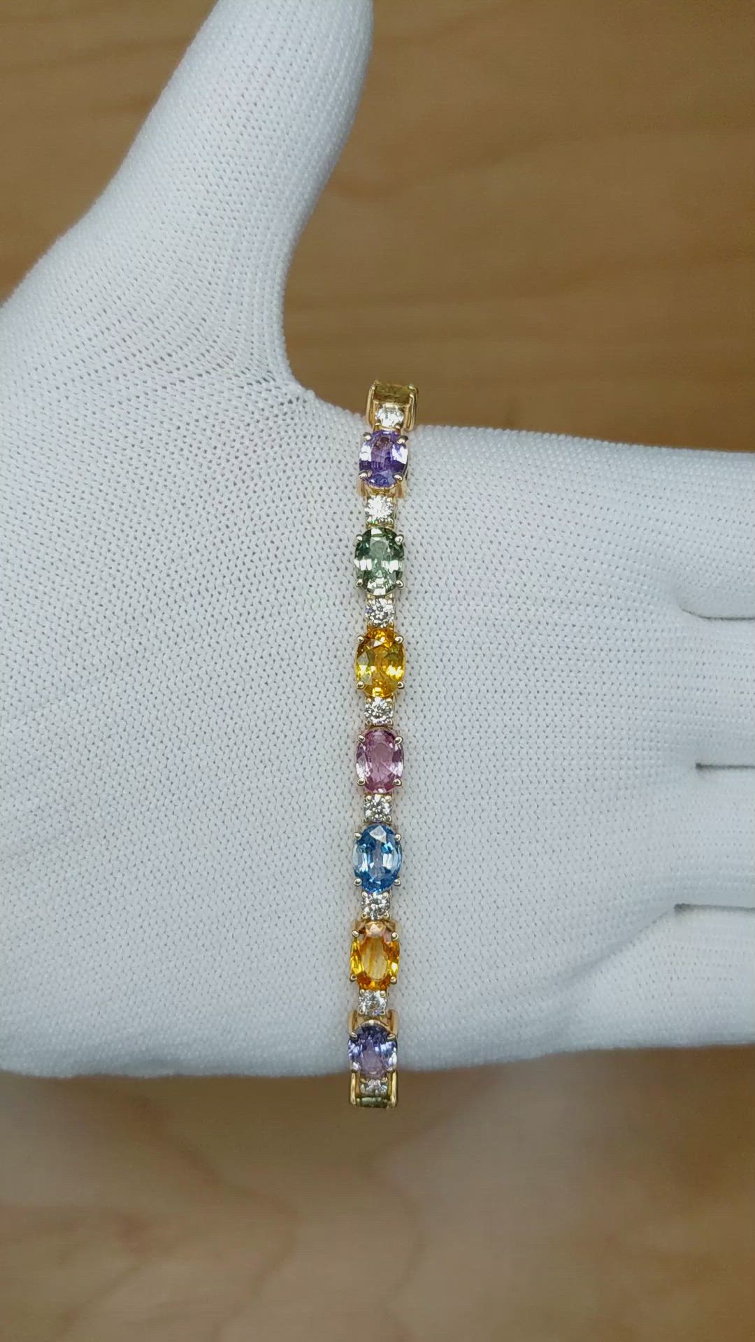 16.36 Ct.Tw. Multi Color Sapphire and Natural Diamond Accent Stones Bracelet, 14K Yellow Gold Size Video