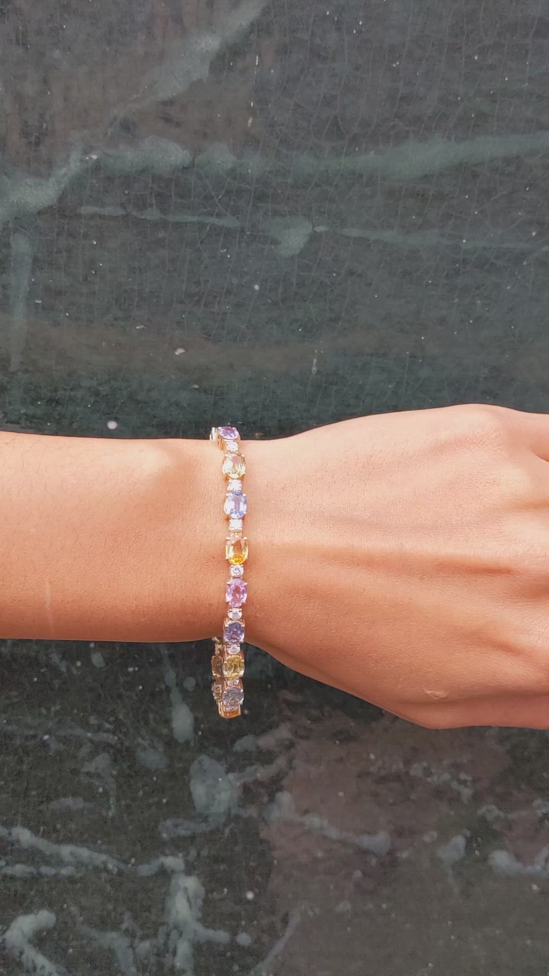 16.36 Ct.Tw. Multi Color Sapphire and Natural Diamond Accent Stones Bracelet, 14K Yellow Gold Size Video