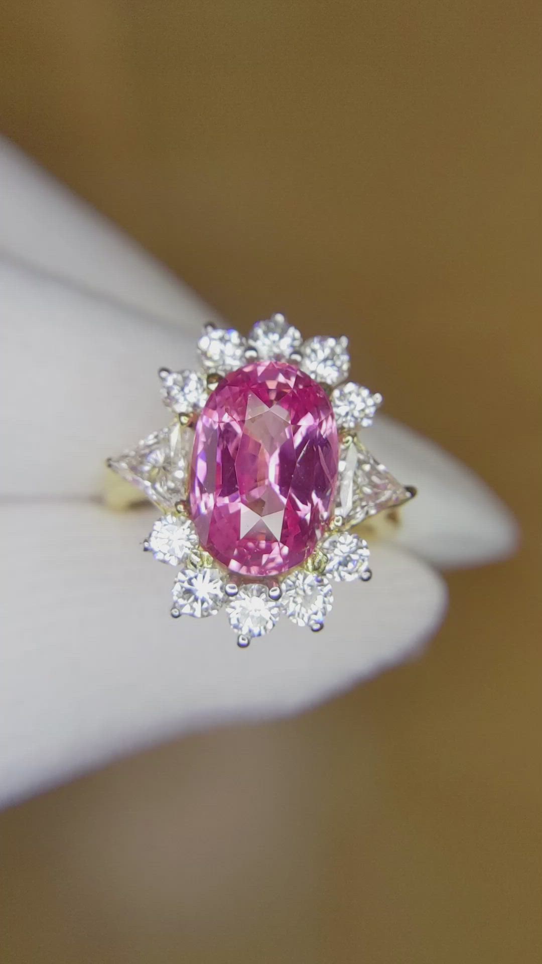 5.15 Ct. Padparadscha Sapphire and Natural Diamond Halo Ring, 18K Yellow Gold Size Video