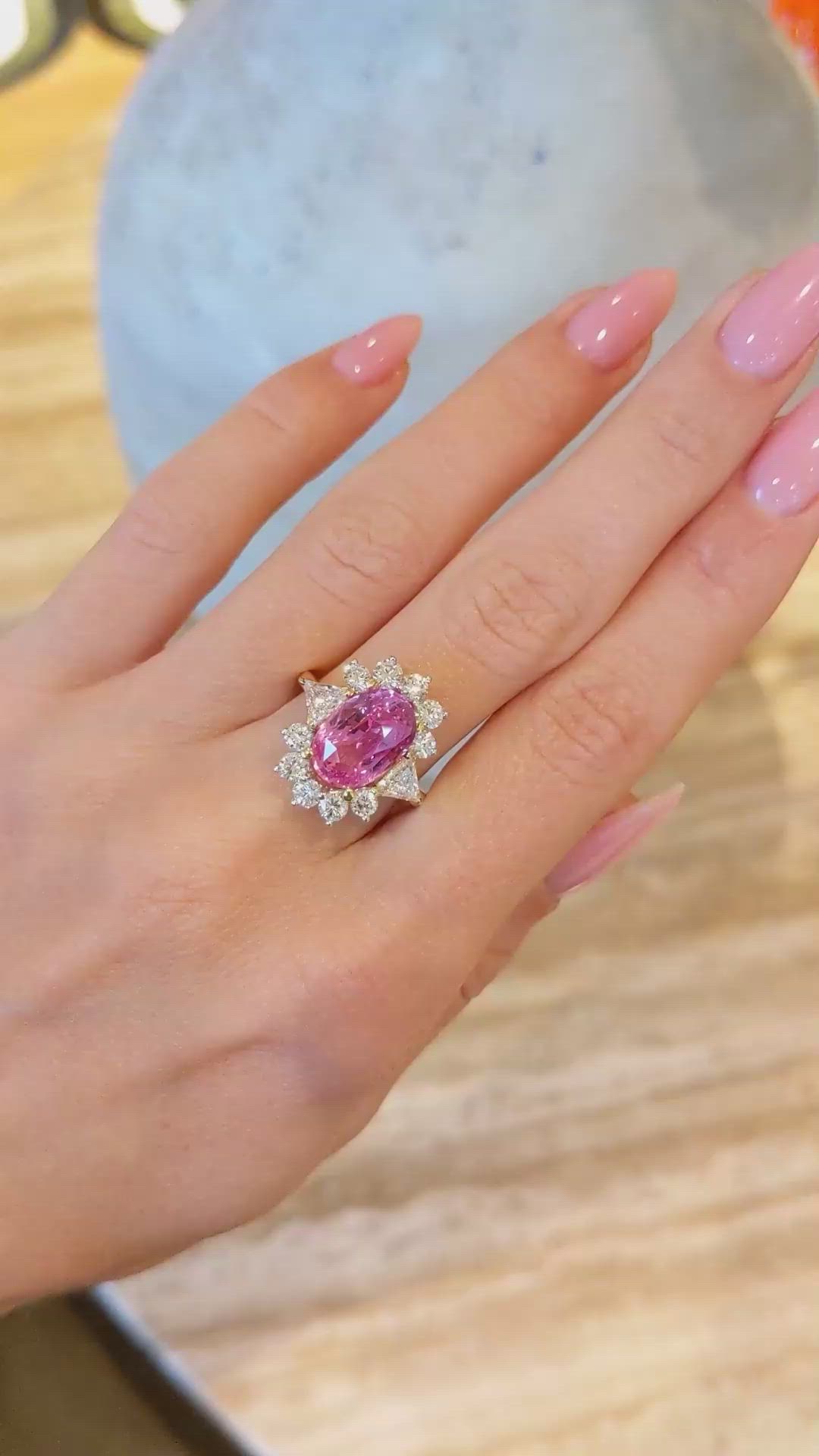 5.15 Ct. Padparadscha Sapphire and Natural Diamond Halo Ring, 18K Yellow Gold Size Video