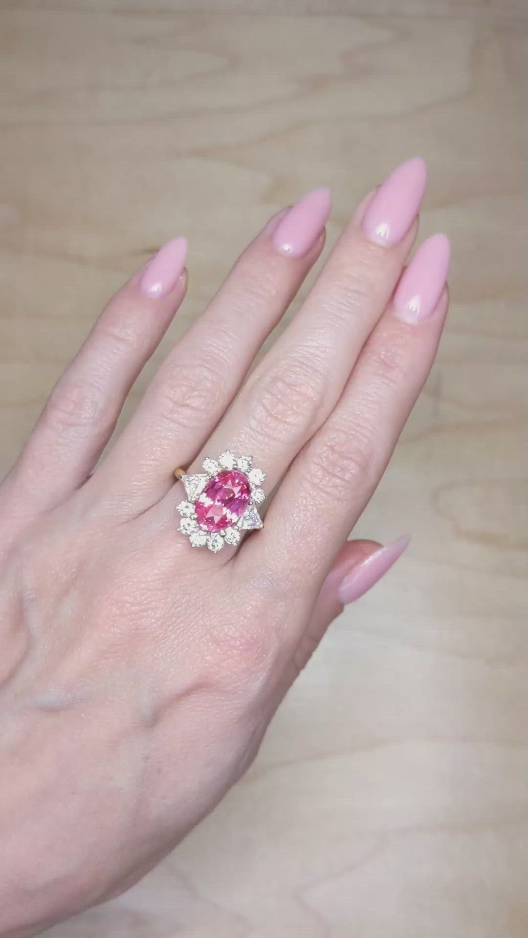 5.15 Ct. Padparadscha Sapphire and Natural Diamond Halo Ring, 18K Yellow Gold Size Video