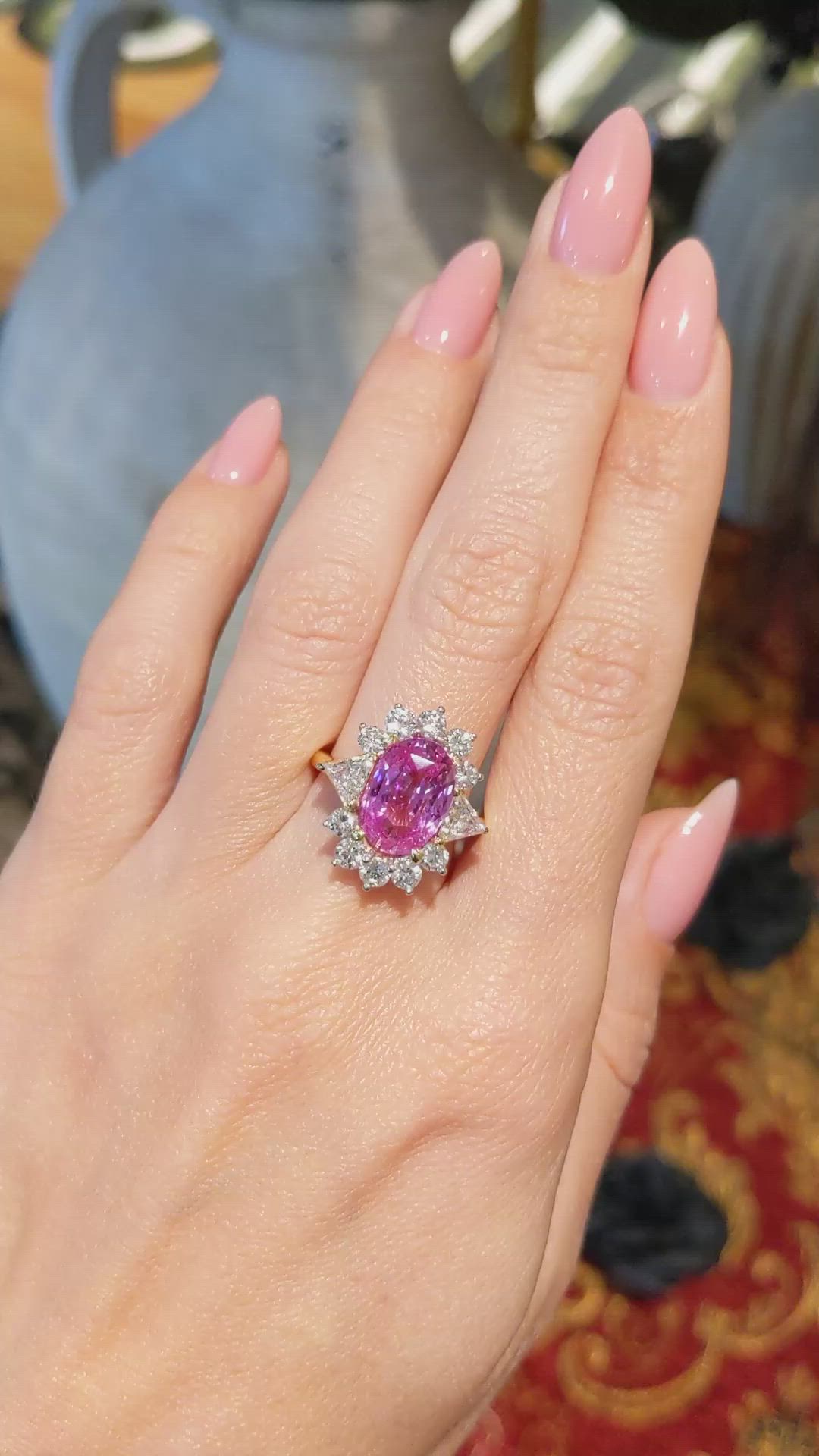 5.15 Ct. Padparadscha Sapphire and Natural Diamond Halo Ring, 18K Yellow Gold Size Video