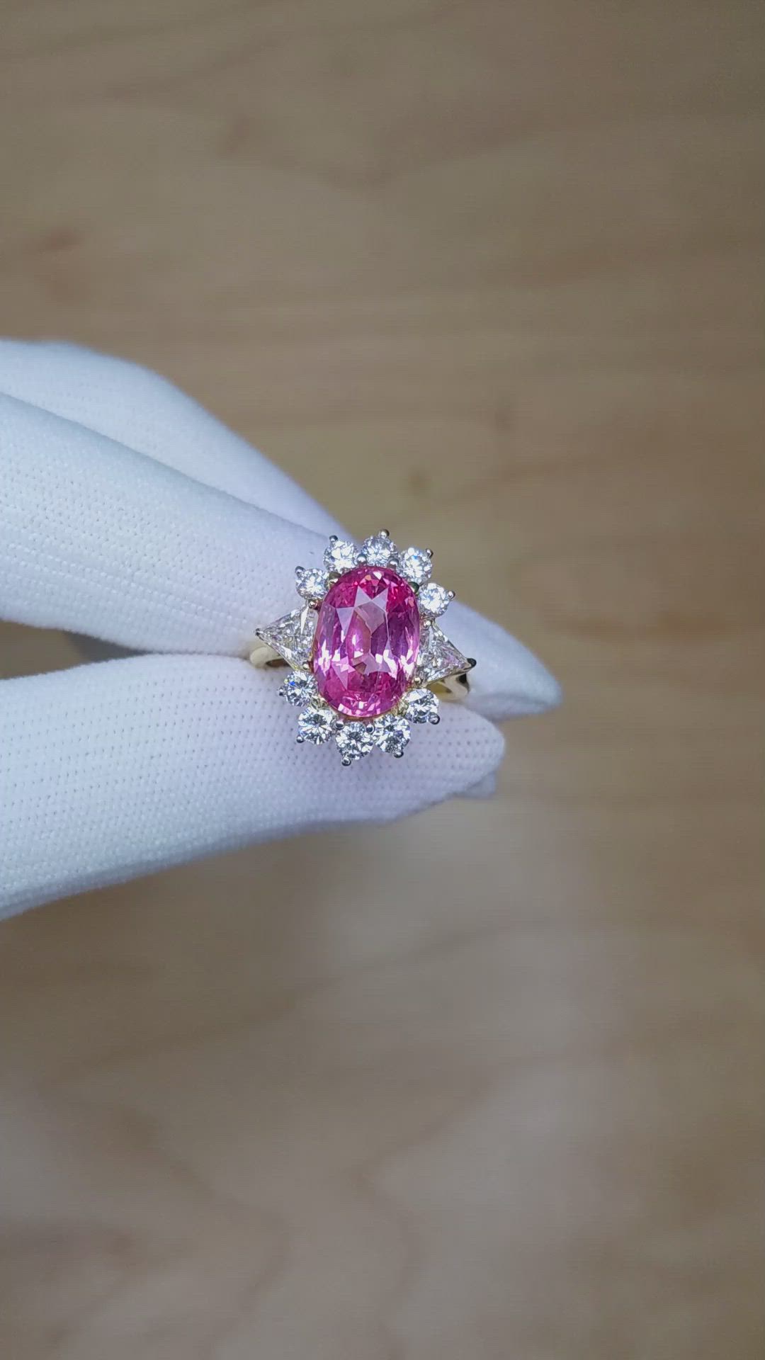 5.15 Ct. Padparadscha Sapphire and Natural Diamond Halo Ring, 18K Yellow Gold Size Video