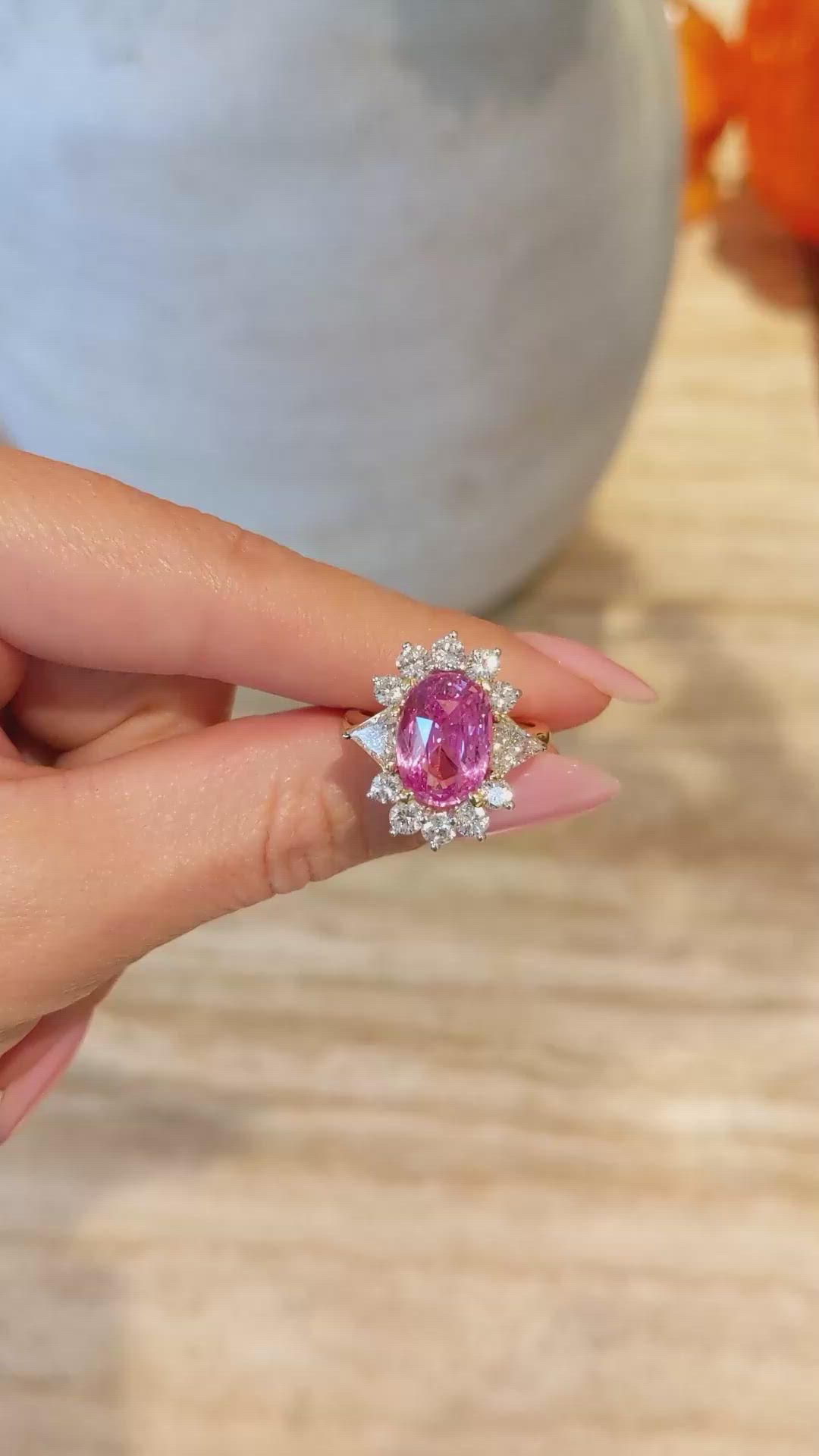 5.15 Ct. Padparadscha Sapphire and Natural Diamond Halo Ring, 18K Yellow Gold Size Video