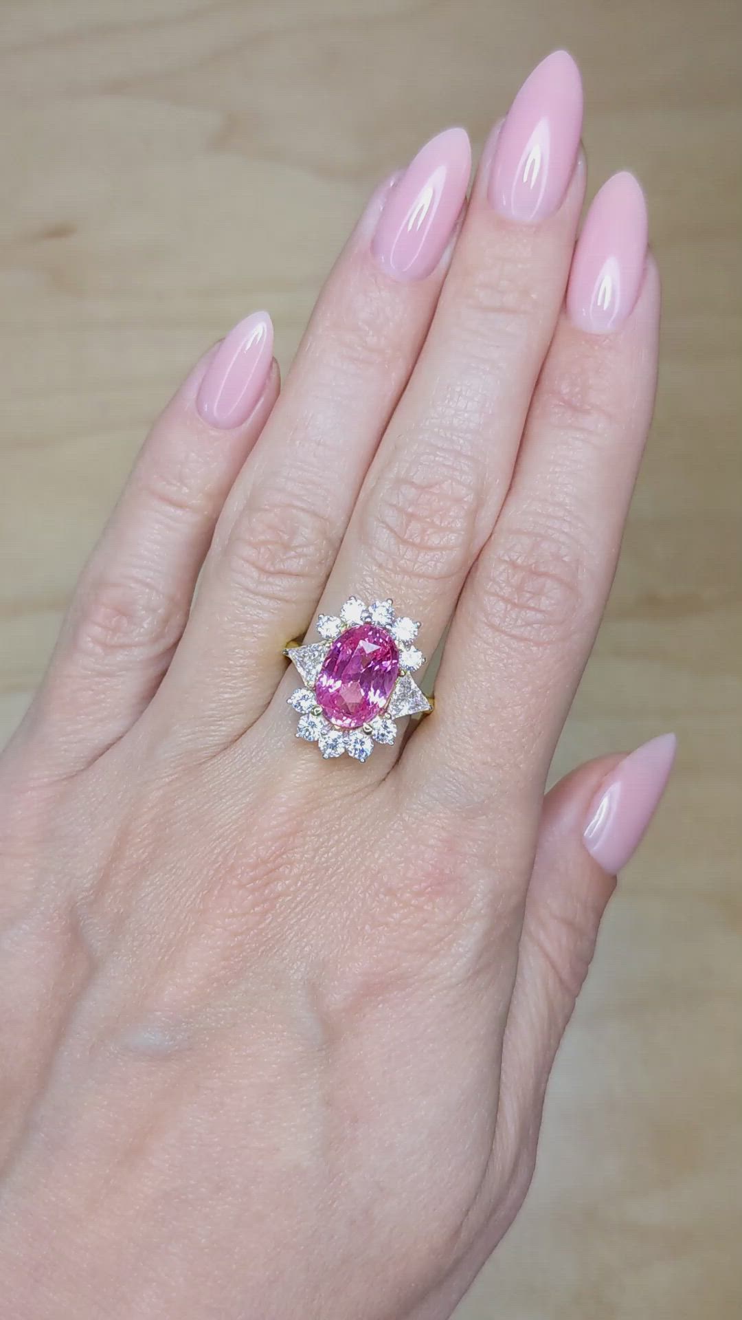 5.15 Ct. Padparadscha Sapphire and Natural Diamond Halo Ring, 18K Yellow Gold Size Video