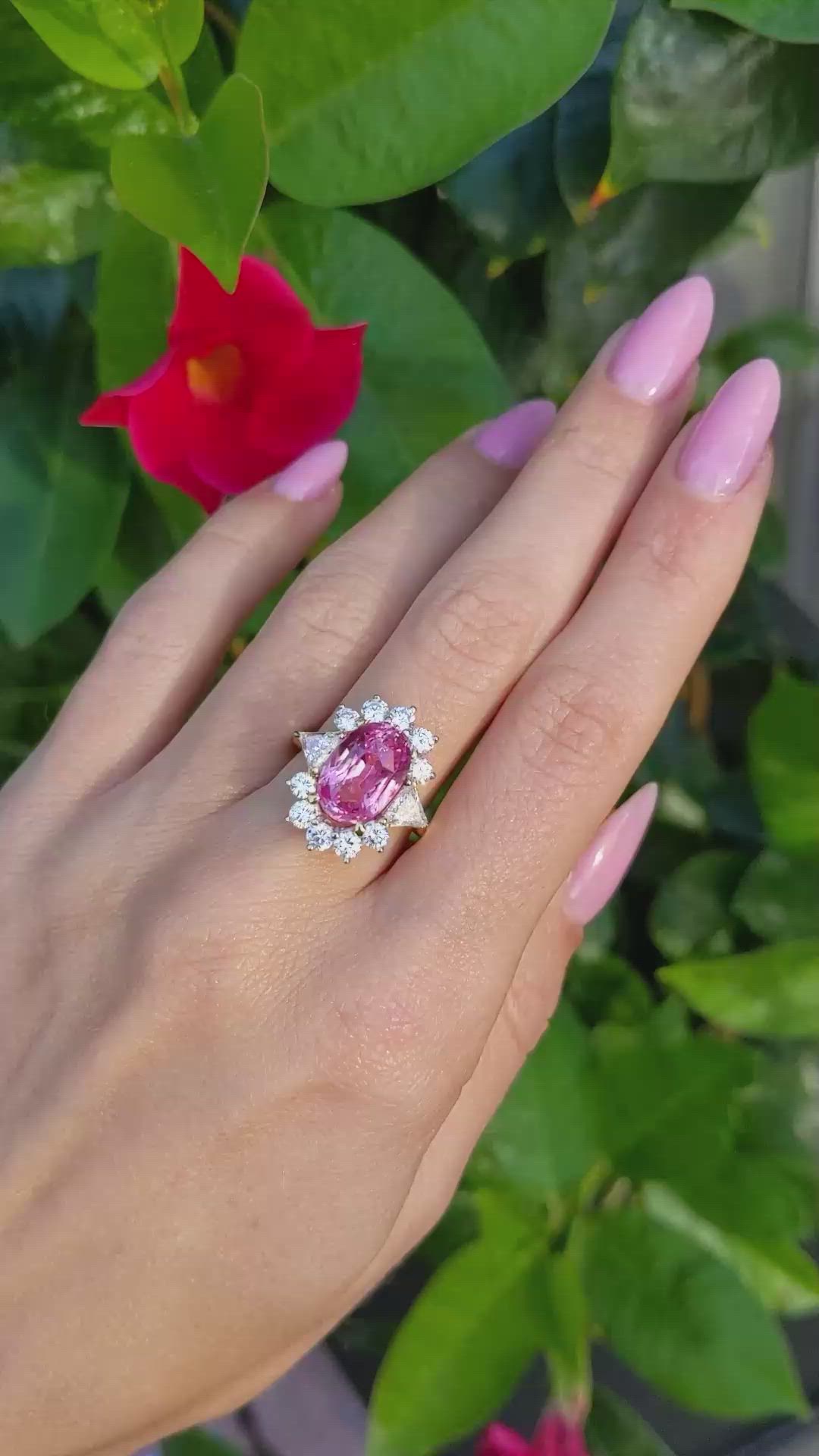 5.15 Ct. Padparadscha Sapphire and Natural Diamond Halo Ring, 18K Yellow Gold Size Video