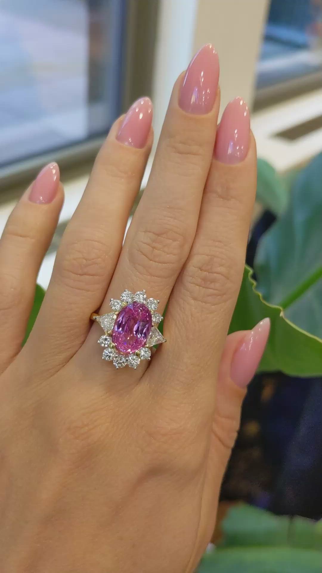 5.15 Ct. Padparadscha Sapphire and Natural Diamond Halo Ring, 18K Yellow Gold Size Video