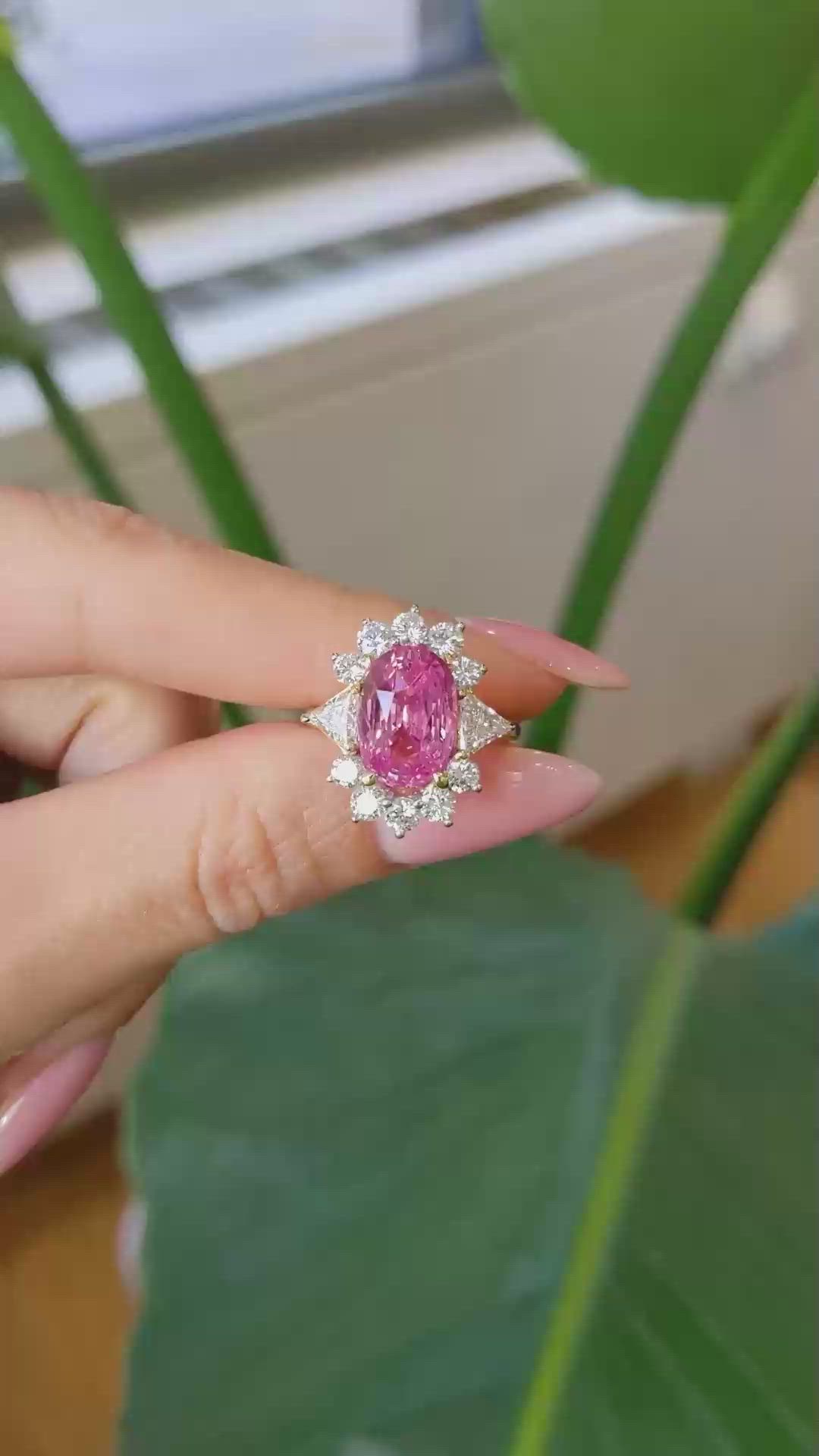 5.15 Ct. Padparadscha Sapphire and Natural Diamond Halo Ring, 18K Yellow Gold Size Video