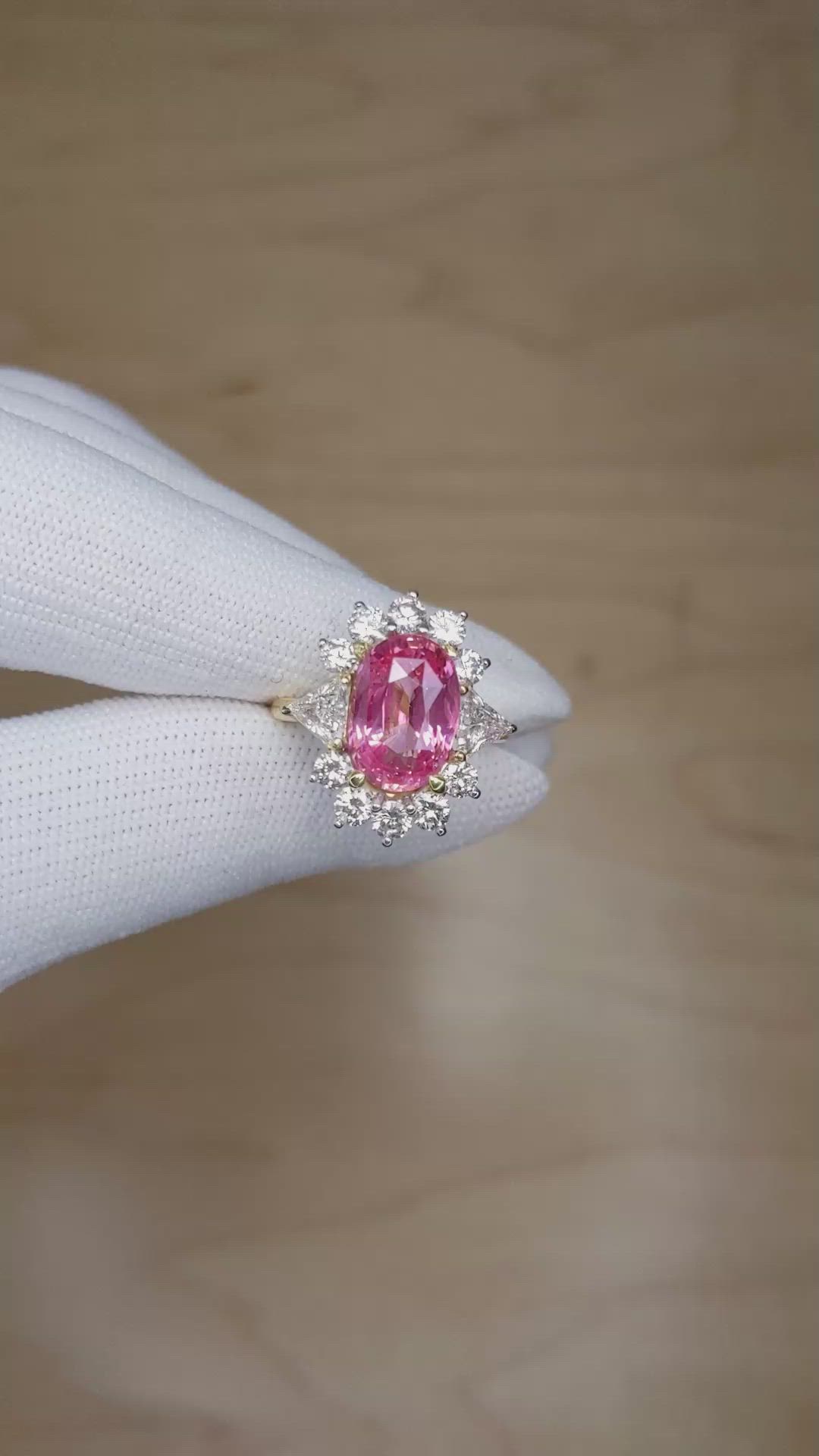 5.15 Ct. Padparadscha Sapphire and Natural Diamond Halo Ring, 18K Yellow Gold Size Video